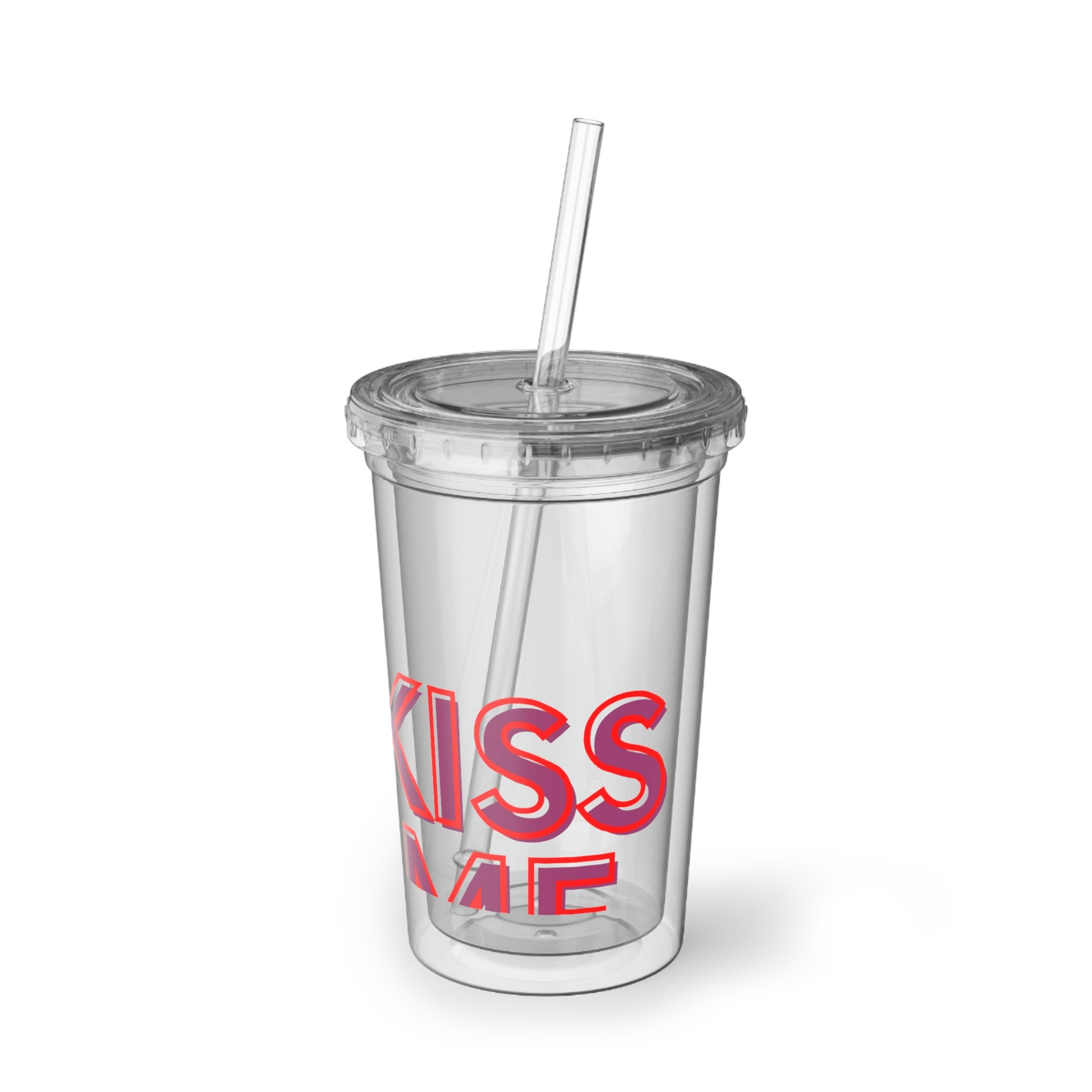 Kiss Me Please Suave Acrylic Cup with vibrant artwork, double-wall insulation, and a plastic lid and straw, perfect for hot and cold beverages.