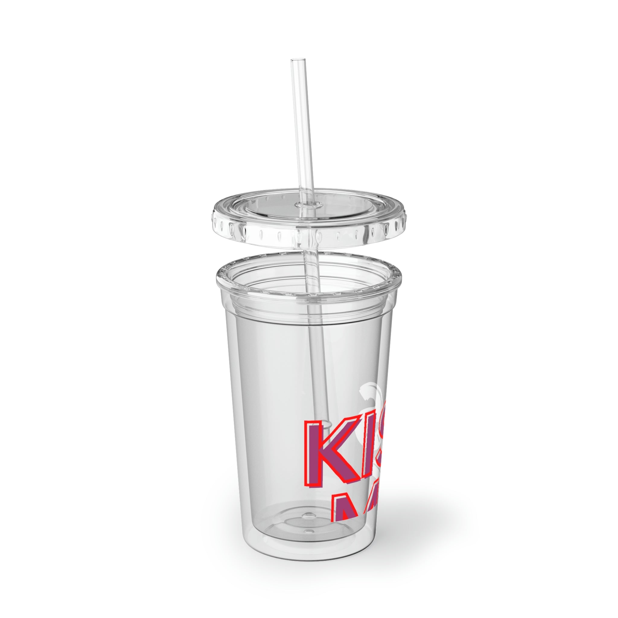 Kiss Me Please Suave Acrylic Cup with vibrant artwork, double-wall insulation, and a plastic lid and straw, perfect for hot and cold beverages.