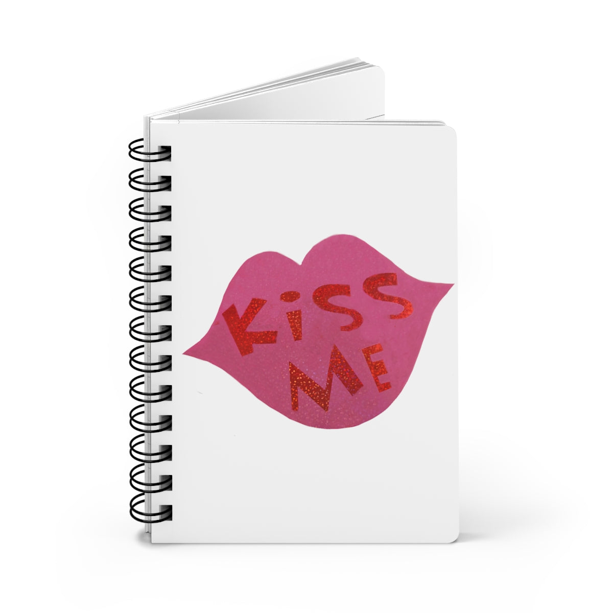 Kiss Me Spiral Bound Journal with glossy laminated cover and lined pages, perfect for writing dreams and ideas.