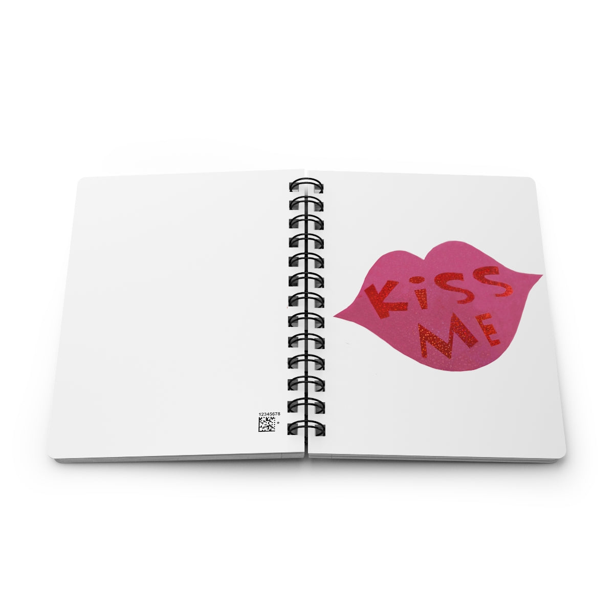 Kiss Me Spiral Bound Journal with glossy laminated cover and lined pages, perfect for writing dreams and ideas.