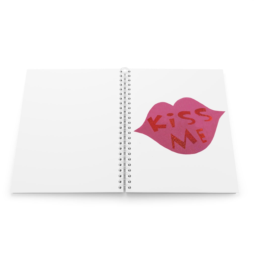 Kiss Me Spiral Notebook with customizable covers and wide-ruled pages, featuring a semi-gloss laminated finish.