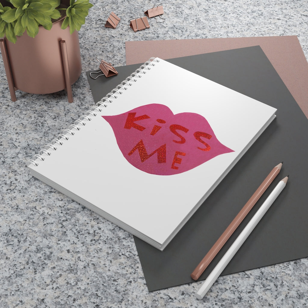 Kiss Me Spiral Notebook with customizable covers and wide-ruled pages, featuring a semi-gloss laminated finish.