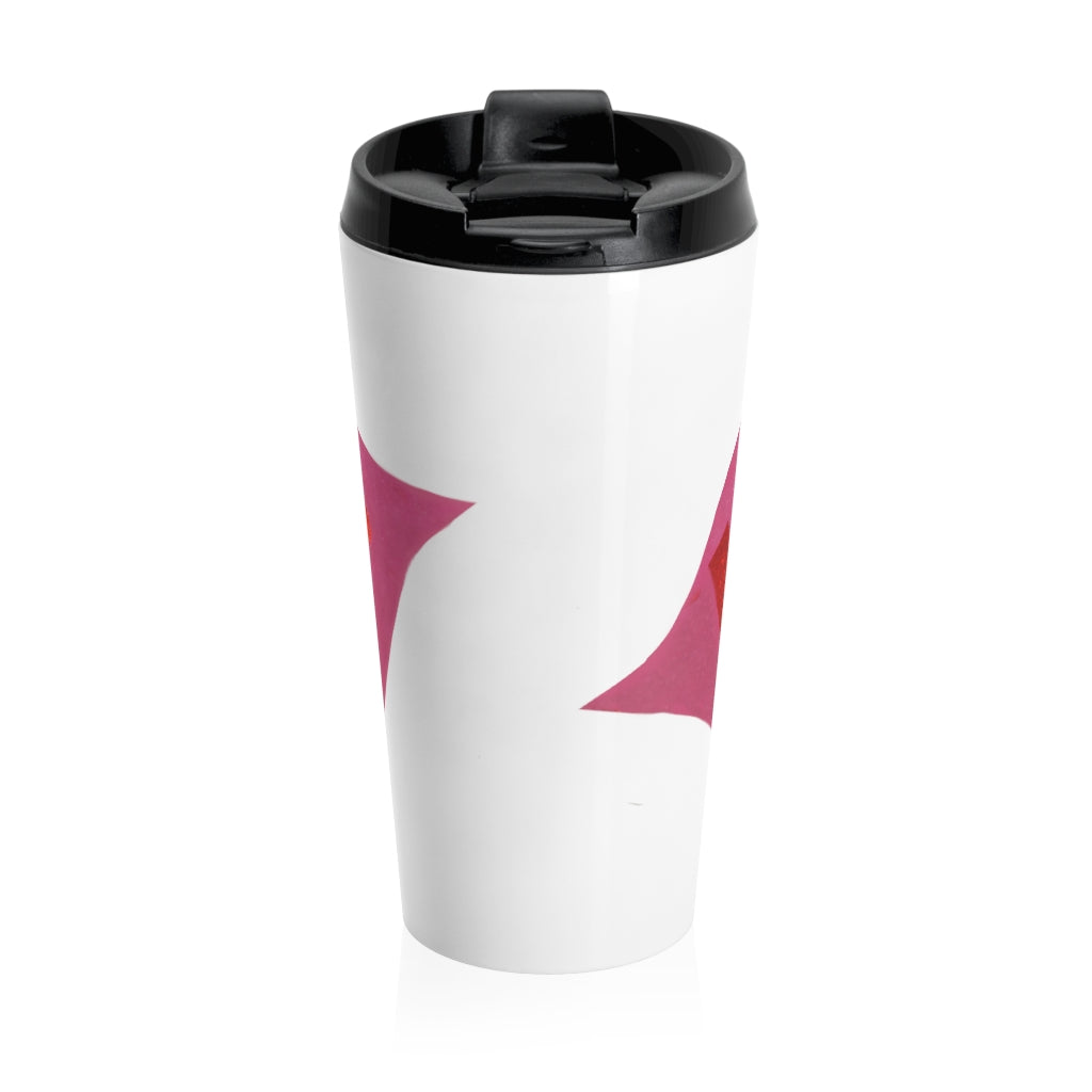 Kiss Me Stainless Steel Travel Mug with black lid and stylish design, perfect for coffee and tea lovers.