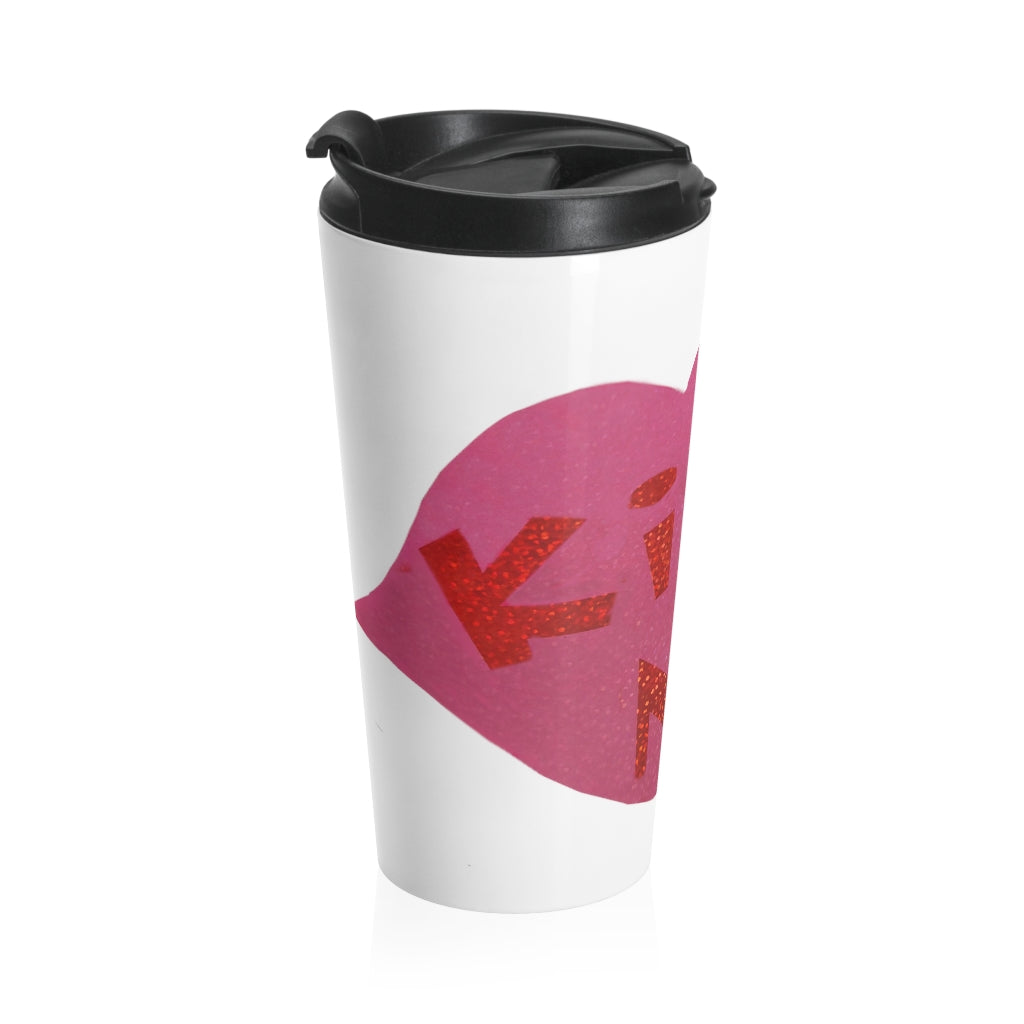 Kiss Me Stainless Steel Travel Mug with black lid and stylish design, perfect for coffee and tea lovers.