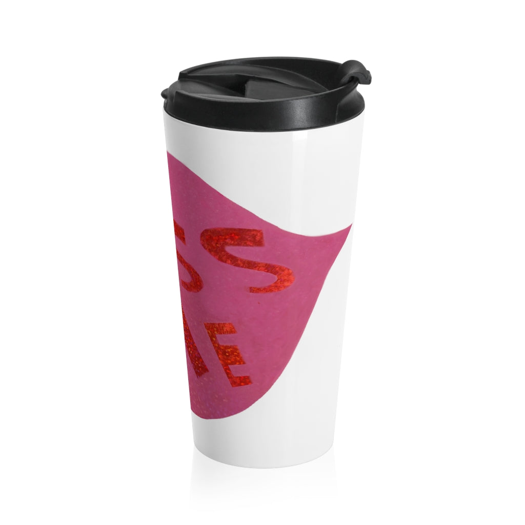 Kiss Me Stainless Steel Travel Mug with black lid and stylish design, perfect for coffee and tea lovers.