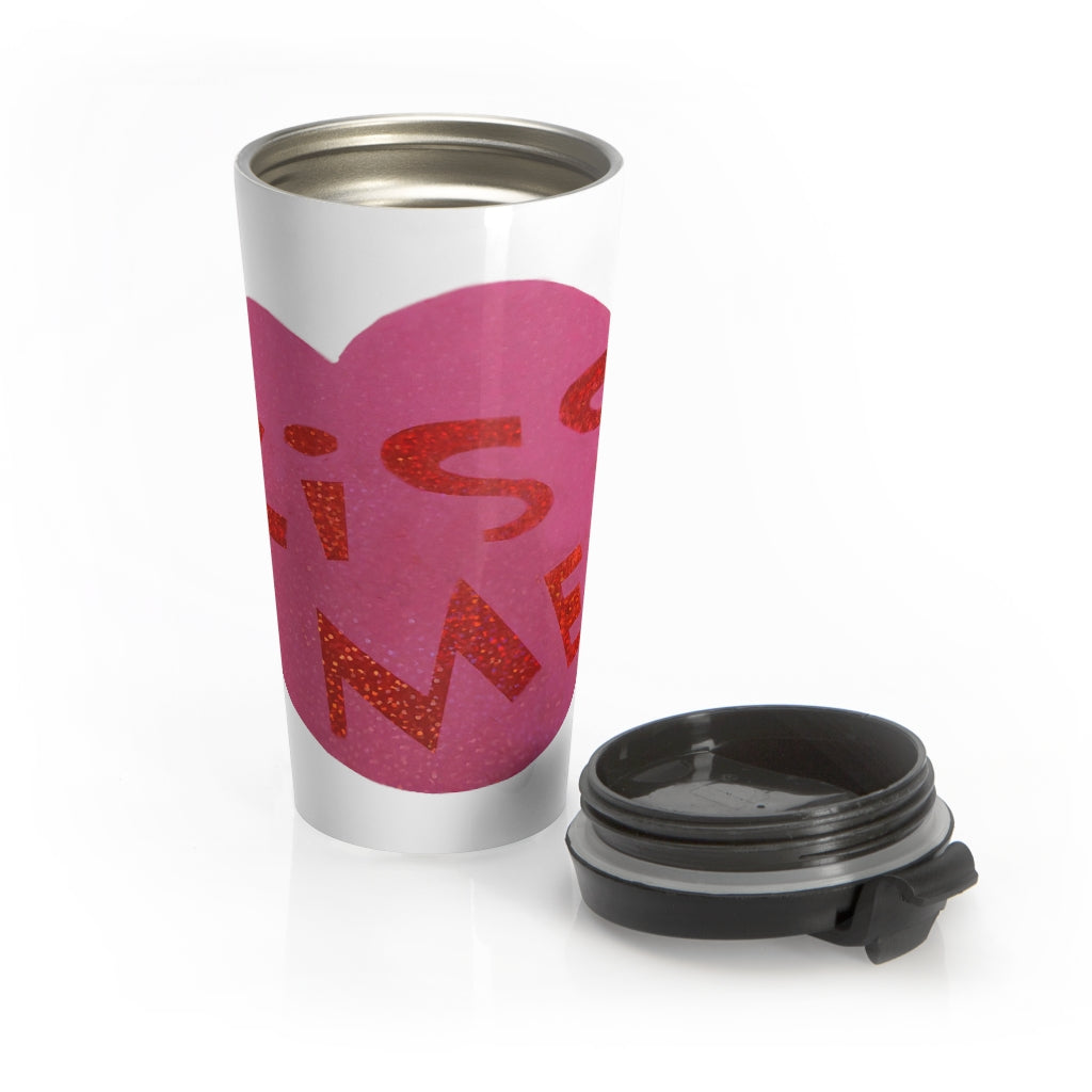 Kiss Me Stainless Steel Travel Mug with black lid and stylish design, perfect for coffee and tea lovers.