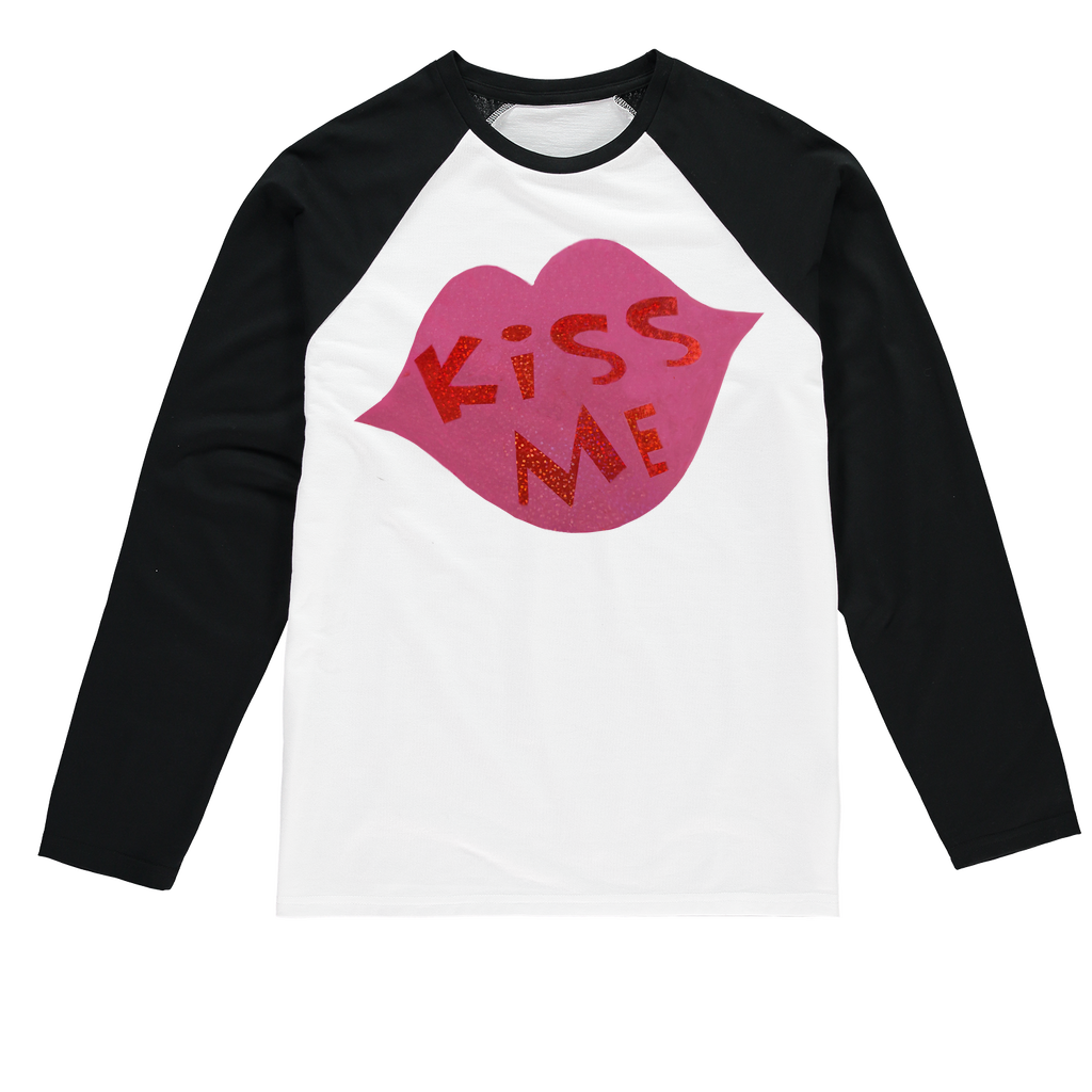 Kiss Me Sublimation Baseball Long Sleeve T-Shirt featuring a stylish crew neck and long sleeves, designed for sublimation printing.