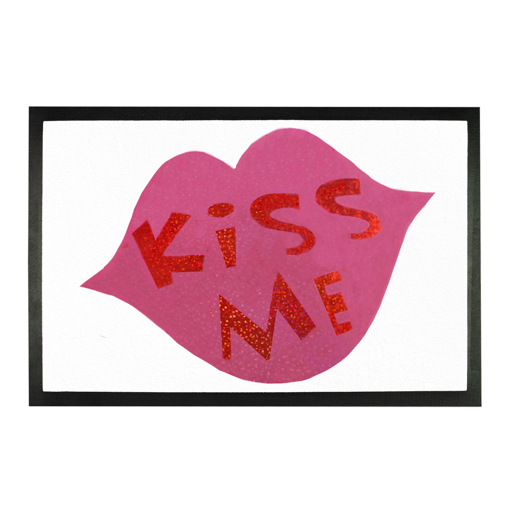 Kiss Me Sublimation Doormat featuring a customizable design on a durable rubber base, ideal for home entryways.