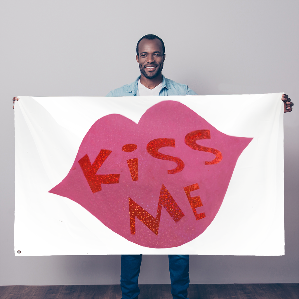 Kiss Me Sublimation Flag featuring vibrant colors and double-stitched edges, ideal for indoor or outdoor display.