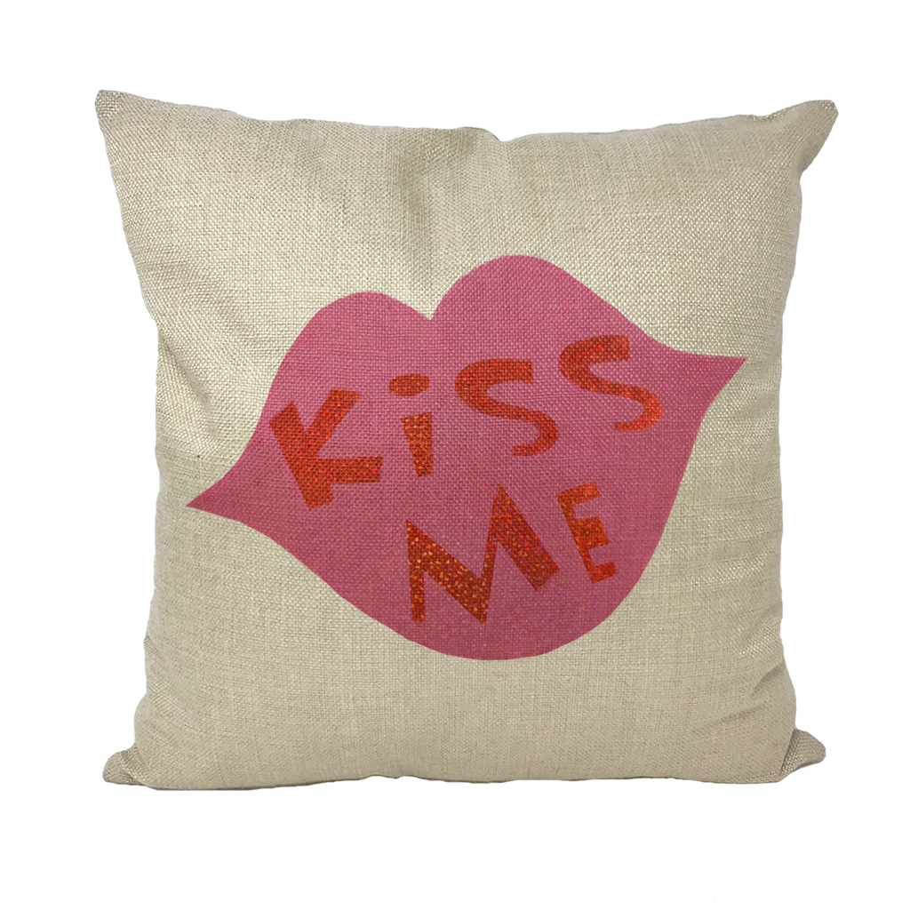 Kiss Me Throw Pillow with vibrant design and soft insert, perfect for home decor.