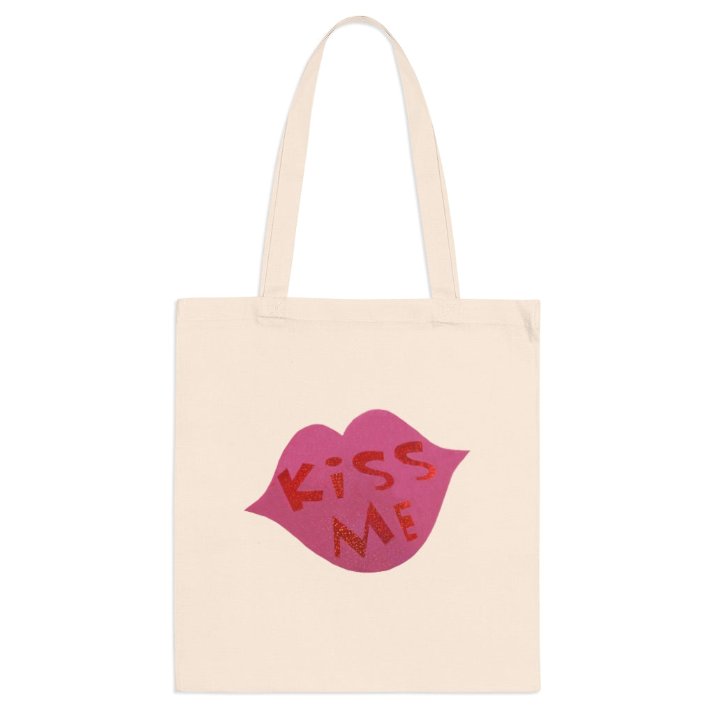 Kiss Me Tote Bag made of 100% cotton with long handles and cross stitching, available in multiple colors.