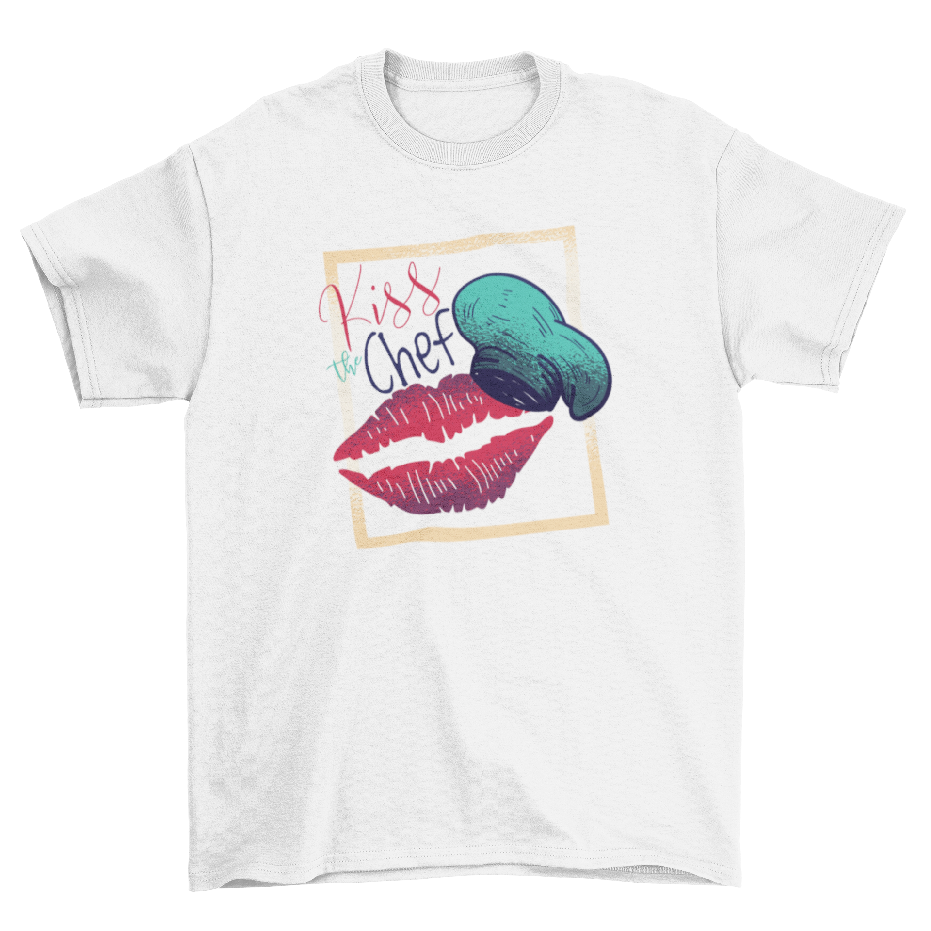 Kiss the Chef t-shirt featuring a hand-drawn chef hat and red lipstick lips mark with the caption 'Kiss the Chef'.