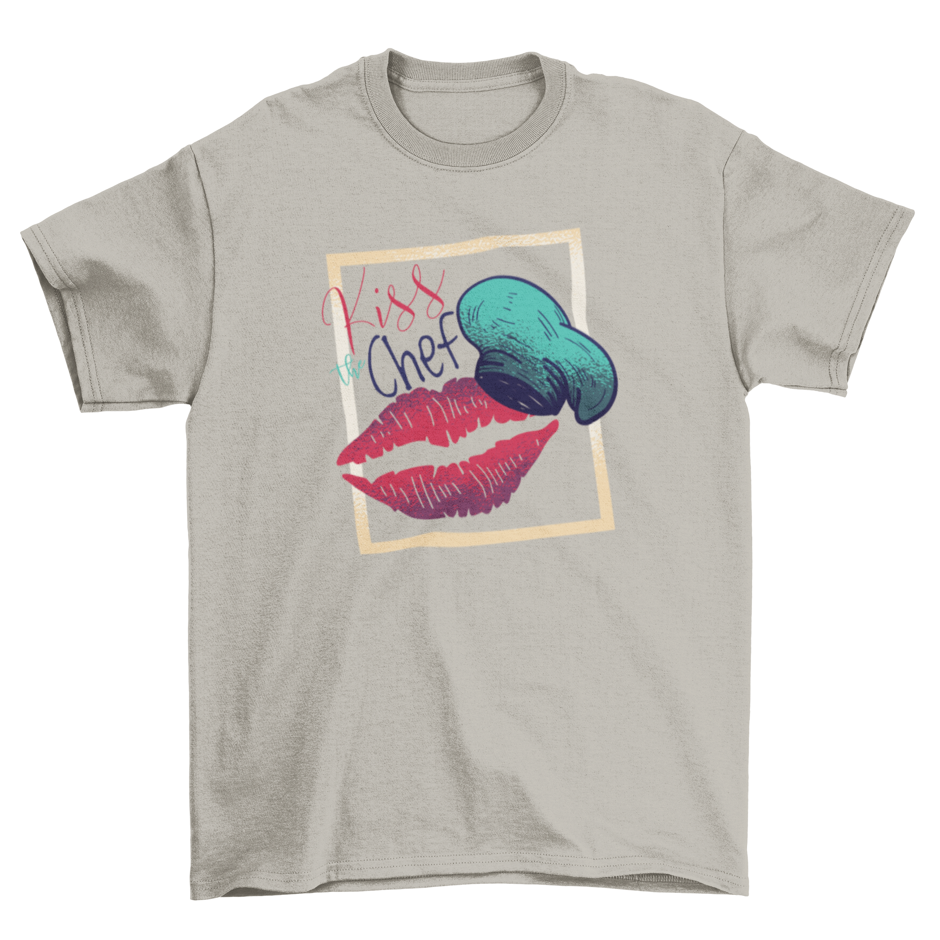 Kiss the Chef t-shirt featuring a hand-drawn chef hat and red lipstick lips mark with the caption 'Kiss the Chef'.