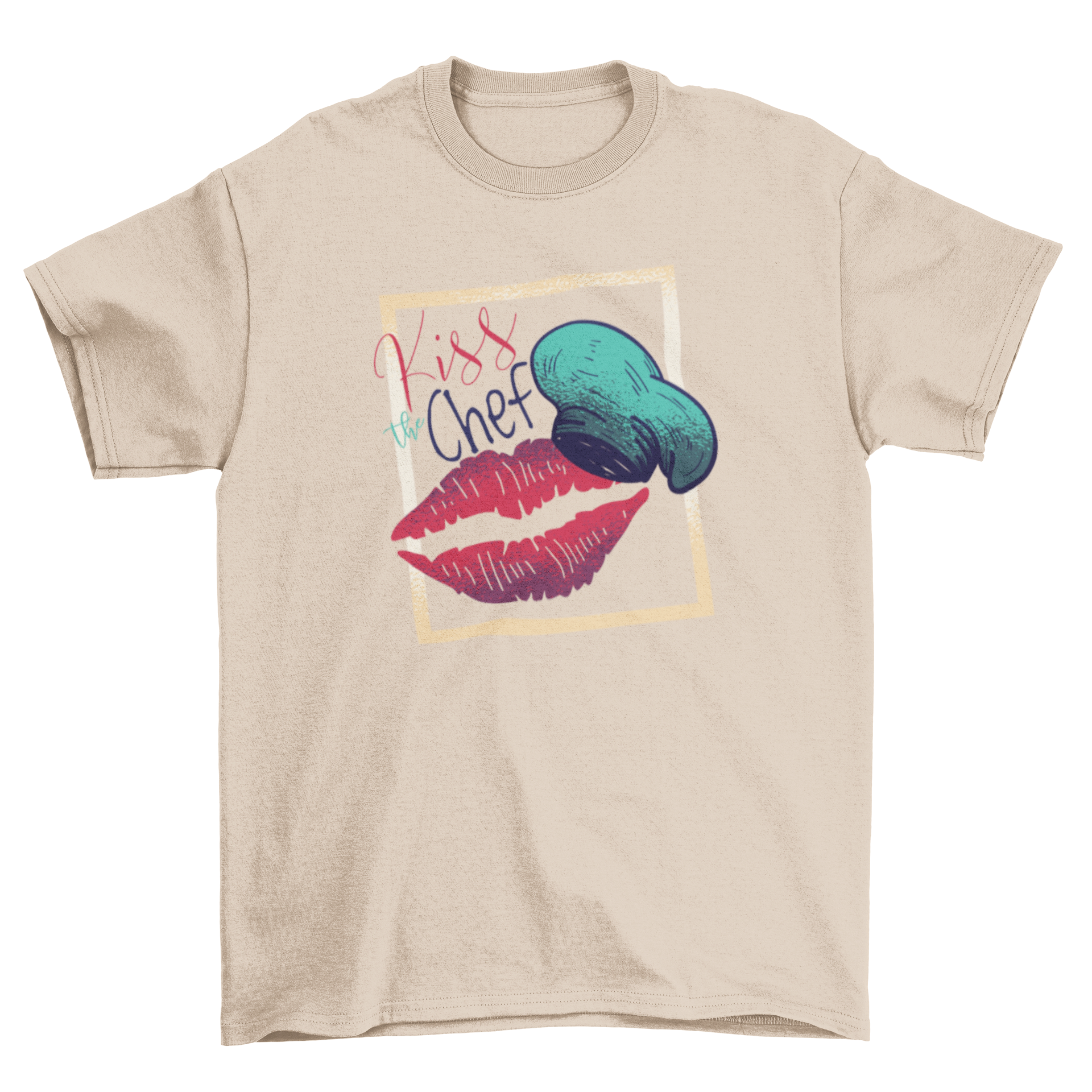 Kiss the Chef t-shirt featuring a hand-drawn chef hat and red lipstick lips mark with the caption 'Kiss the Chef'.