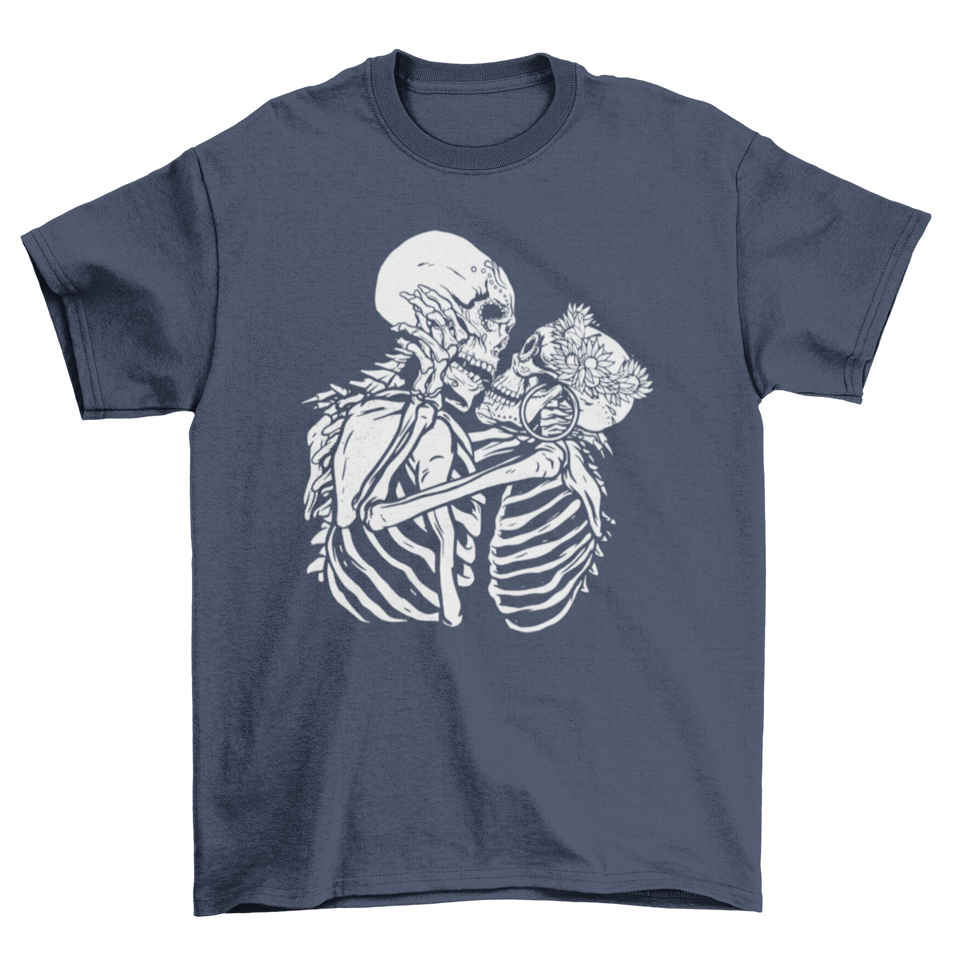 A stylish Kissing Skeletons T-shirt featuring an illustration of two skeletons kissing, perfect for Halloween or casual wear.