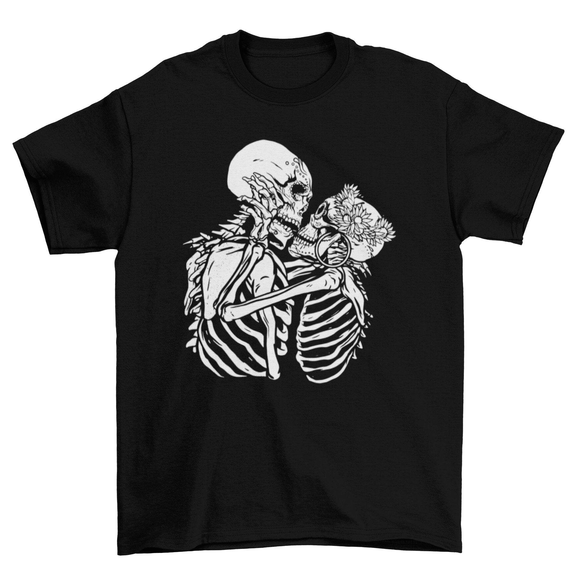 A stylish Kissing Skeletons T-shirt featuring an illustration of two skeletons kissing, perfect for Halloween or casual wear.