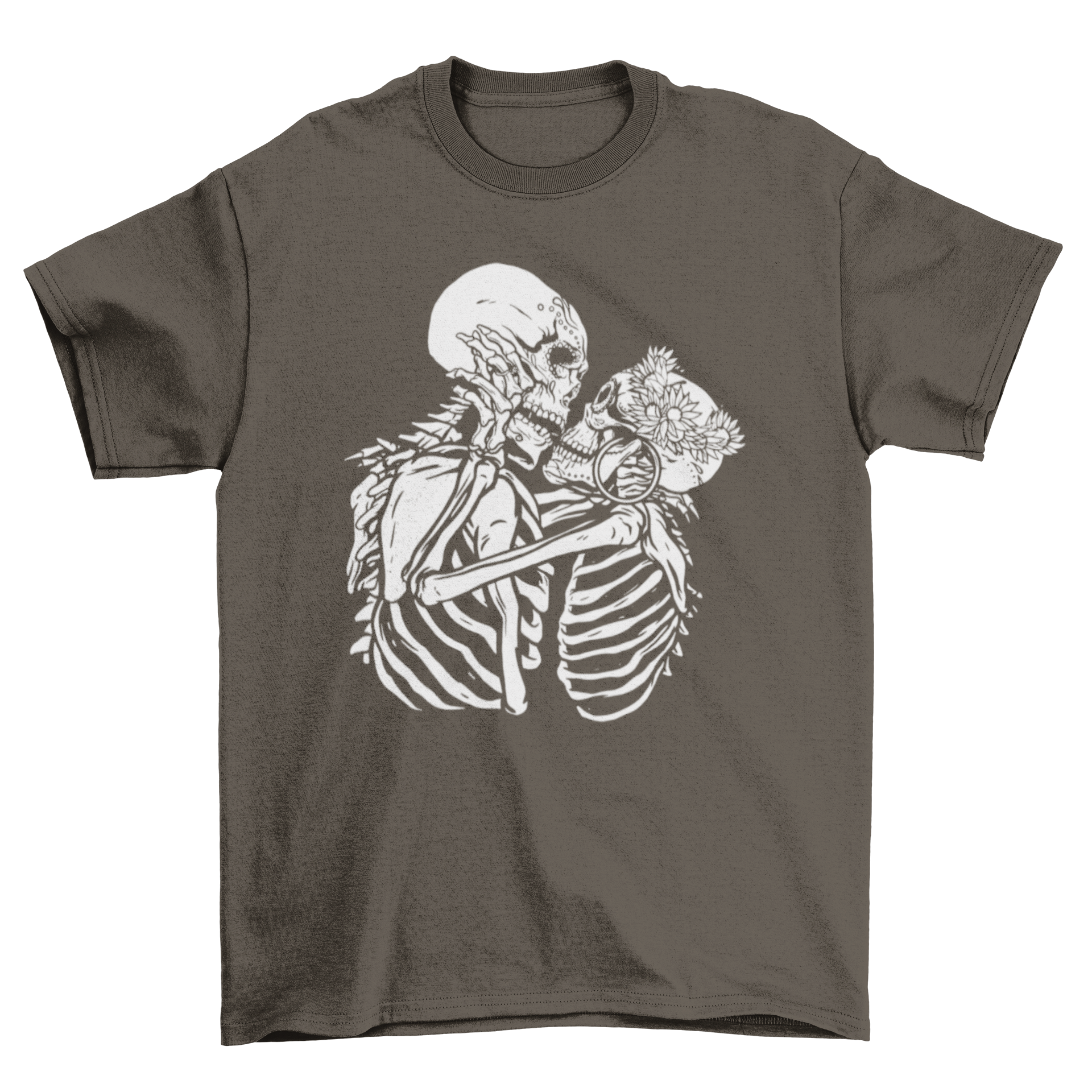 A stylish Kissing Skeletons T-shirt featuring an illustration of two skeletons kissing, perfect for Halloween or casual wear.