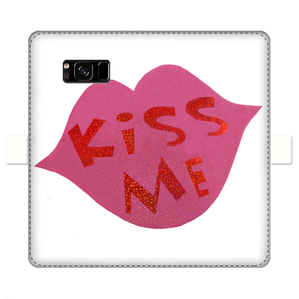 KissMe Fully Printed Wallet Case featuring vibrant designs, magnetic closure, and faux leather material, suitable for iPhone and Samsung models.