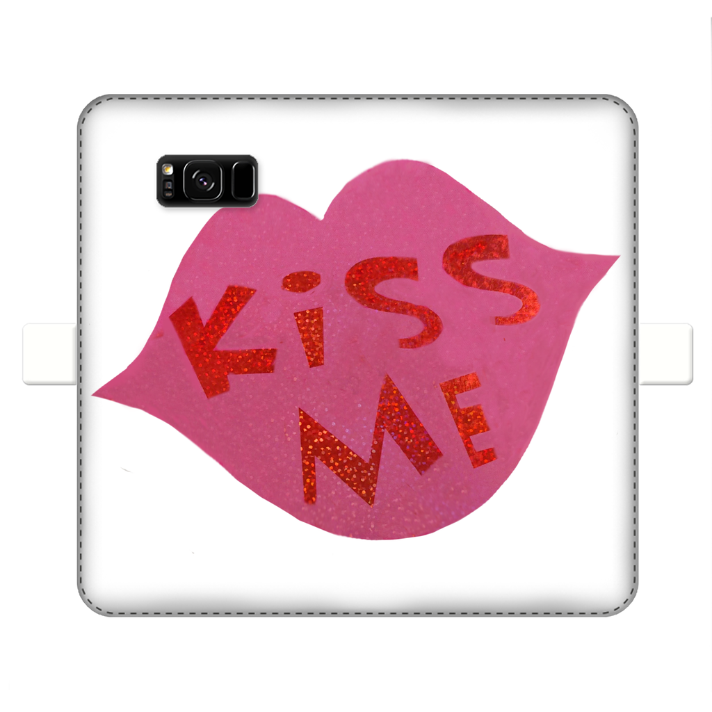 KissMe Fully Printed Wallet Case featuring vibrant designs, magnetic closure, and faux leather material, suitable for iPhone and Samsung models.