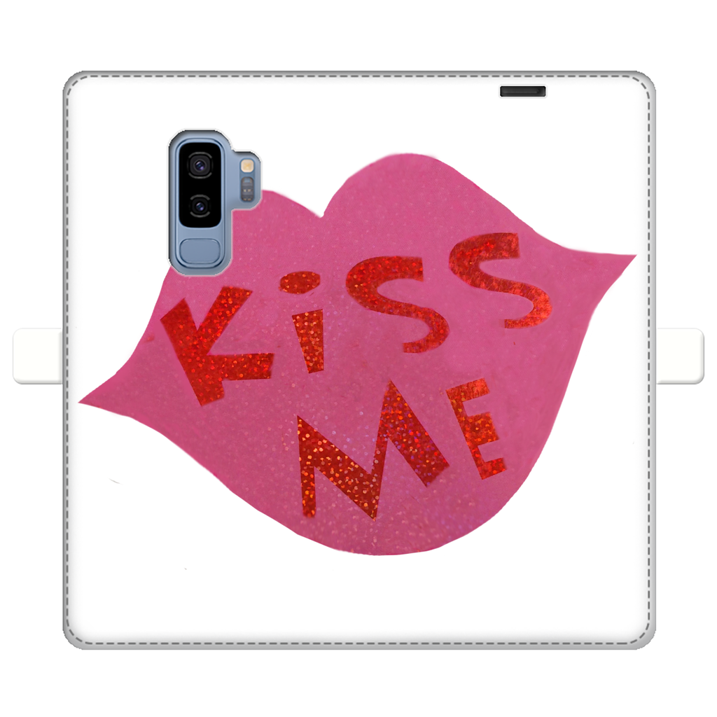 KissMe Fully Printed Wallet Case featuring vibrant designs, magnetic closure, and faux leather material, suitable for iPhone and Samsung models.