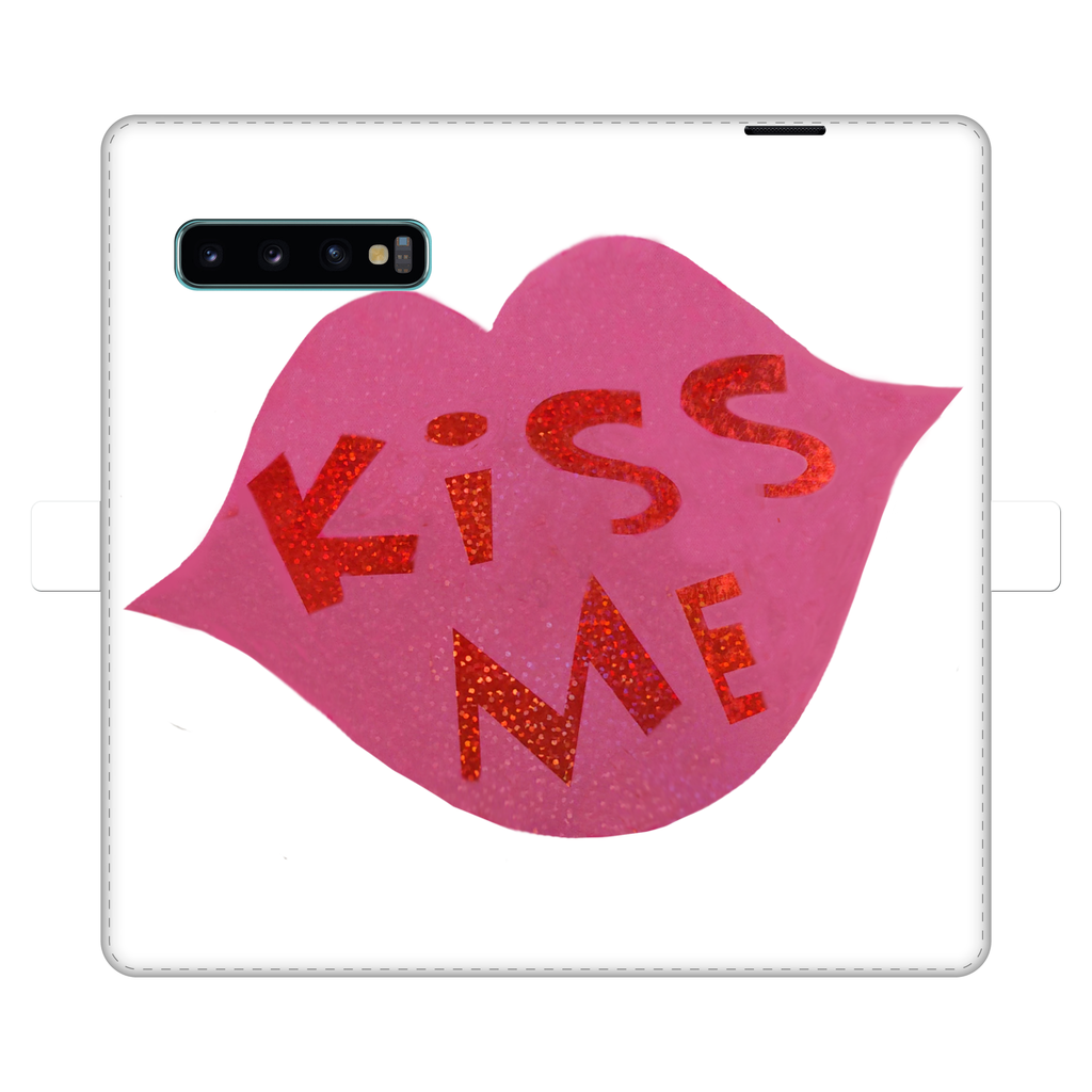 KissMe Fully Printed Wallet Case featuring vibrant designs, magnetic closure, and faux leather material, suitable for iPhone and Samsung models.