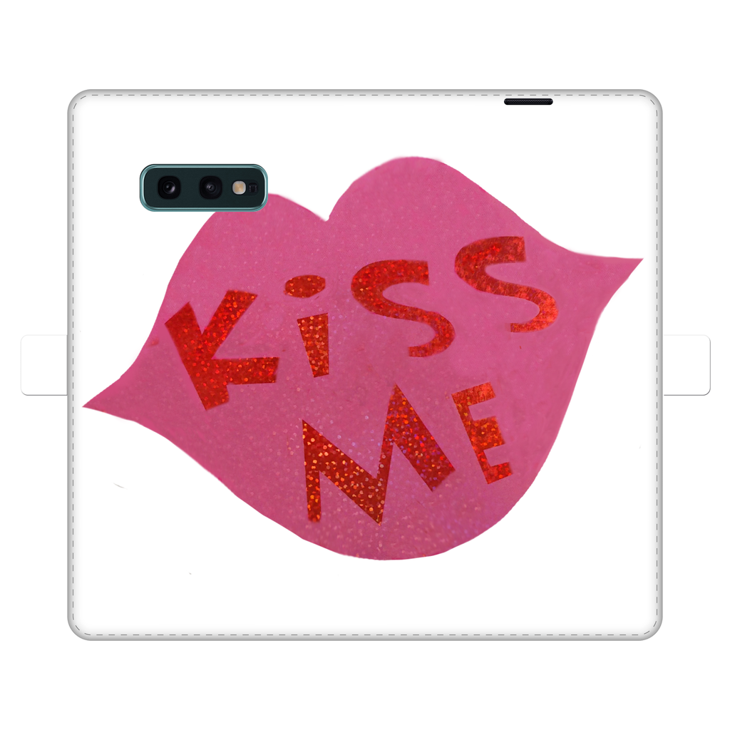 KissMe Fully Printed Wallet Case featuring vibrant designs, magnetic closure, and faux leather material, suitable for iPhone and Samsung models.