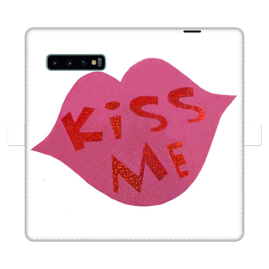 KissMe Fully Printed Wallet Case featuring vibrant designs, magnetic closure, and faux leather material, suitable for iPhone and Samsung models.