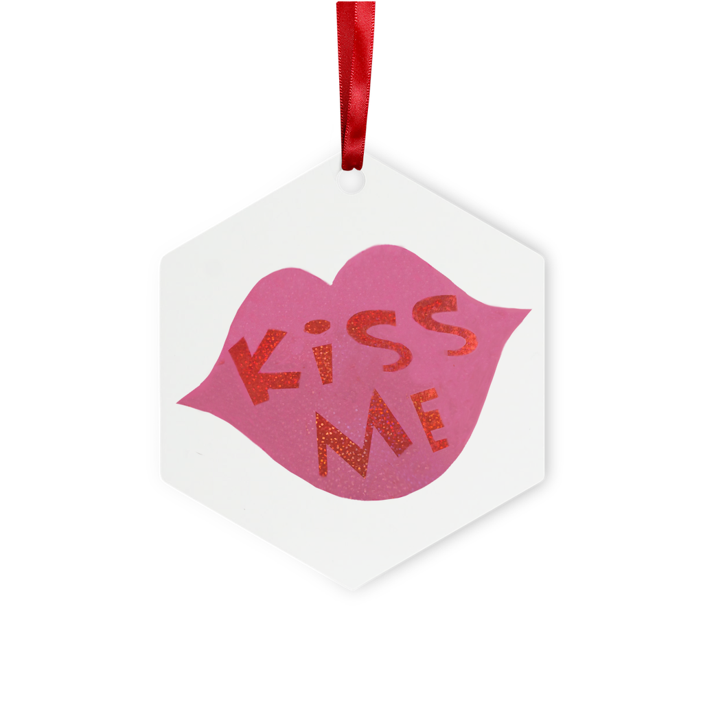 KissMe Metal Hanging Ornament in hexagon and star shapes, featuring a red ribbon and gold string, elegantly displayed in a white box.