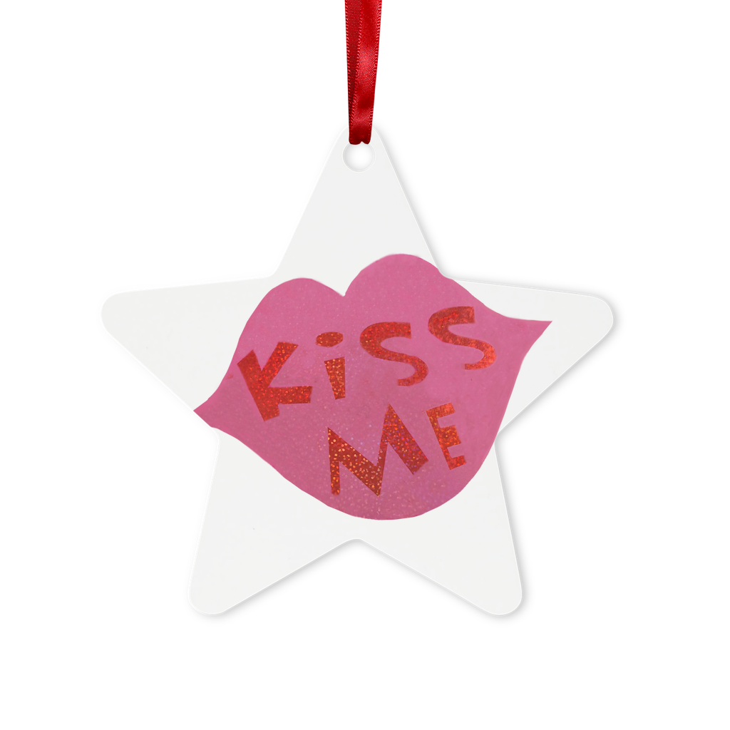 KissMe Metal Hanging Ornament in hexagon and star shapes, featuring a red ribbon and gold string, elegantly displayed in a white box.