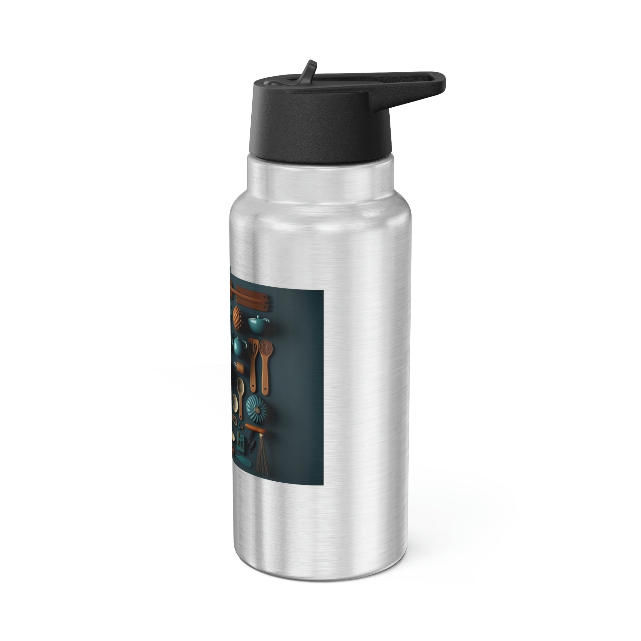 Kitchen Utensils Gator Tumbler in stainless steel with a black screw-on cap and a plastic straw, showcasing a customizable design.