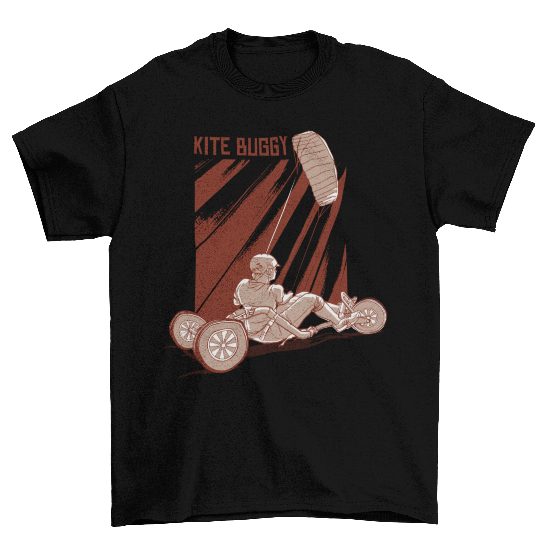 A stylish t-shirt featuring a hand-drawn illustration of a man kite buggying with the caption 'Kite Buggy'.