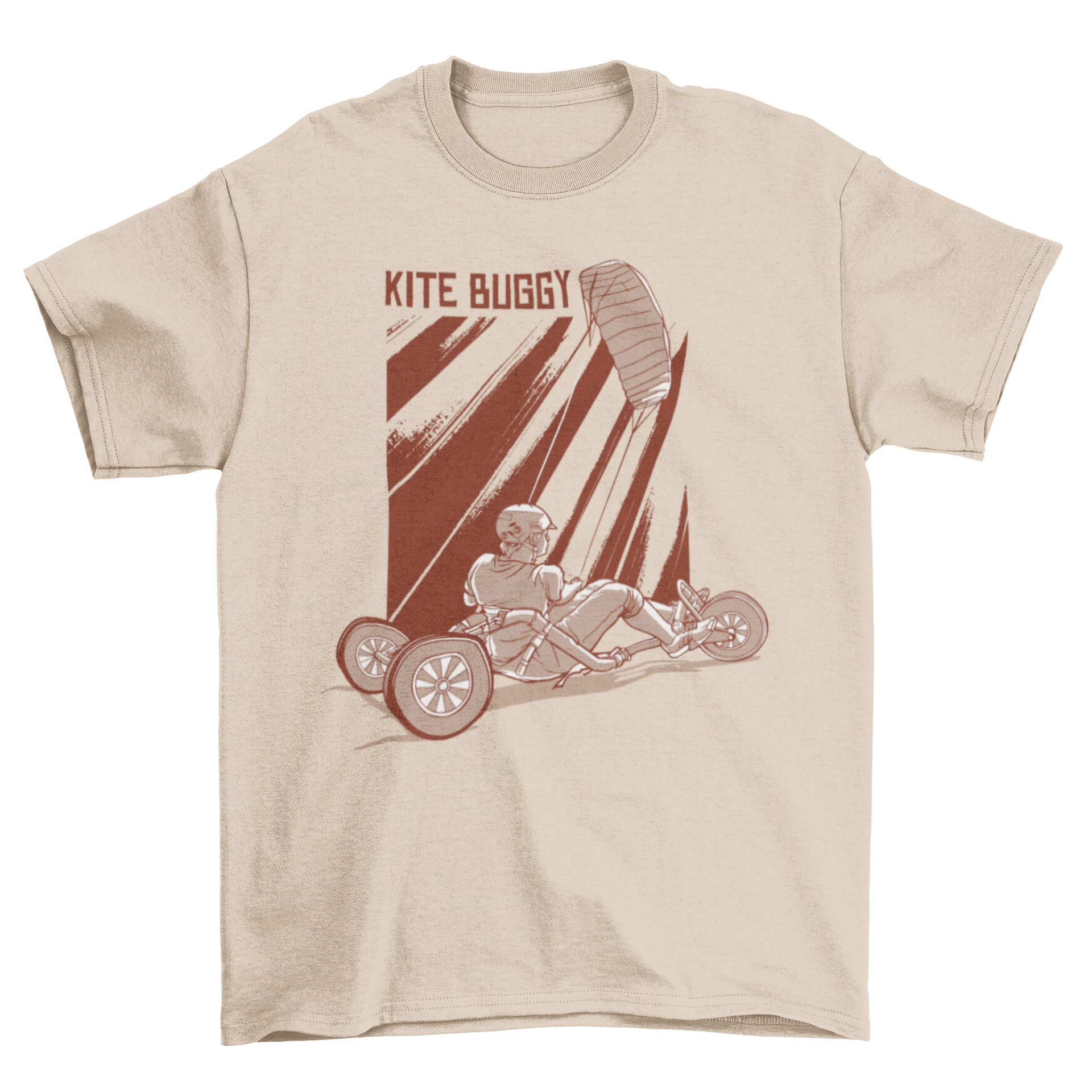 A stylish t-shirt featuring a hand-drawn illustration of a man kite buggying with the caption 'Kite Buggy'.