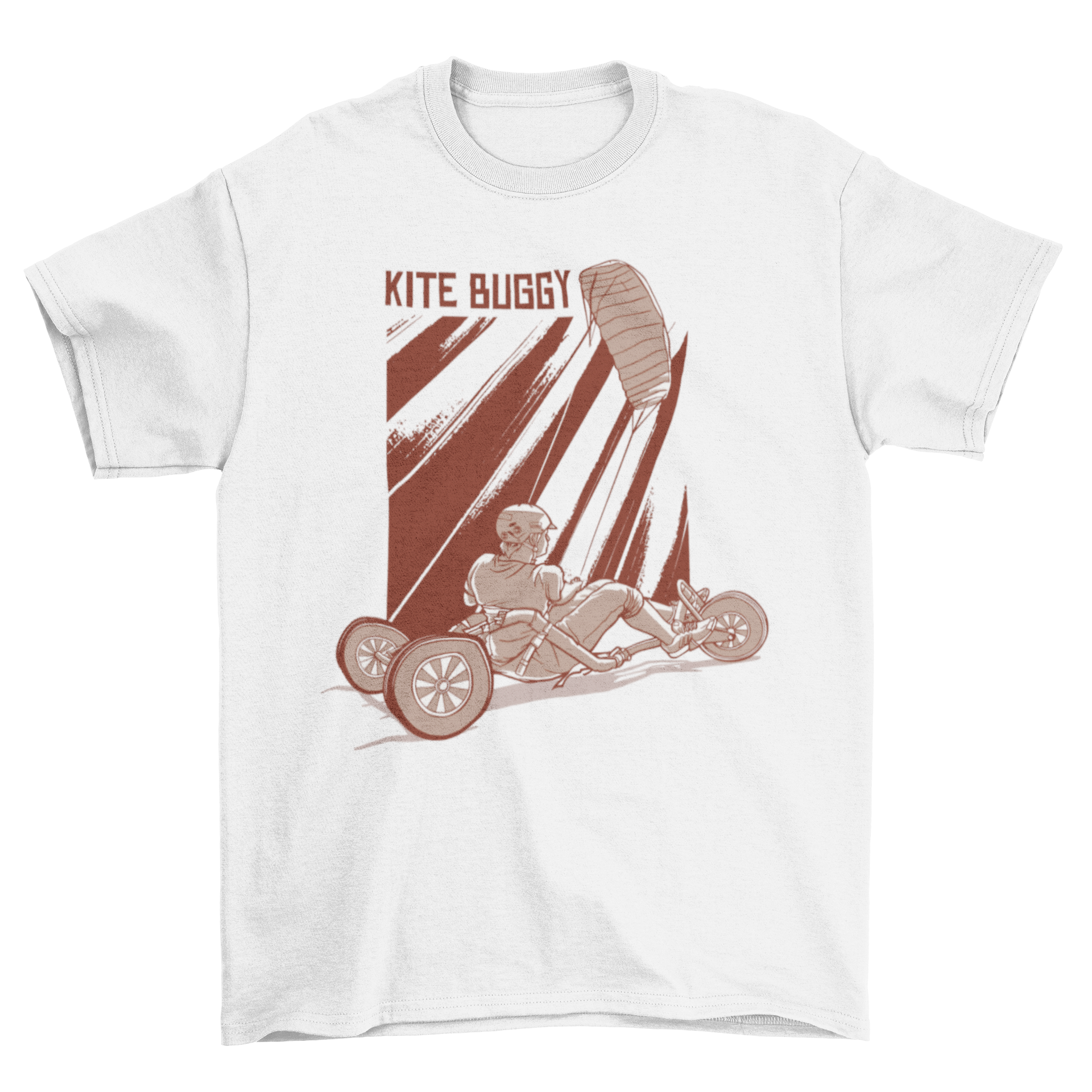 A stylish t-shirt featuring a hand-drawn illustration of a man kite buggying with the caption 'Kite Buggy'.