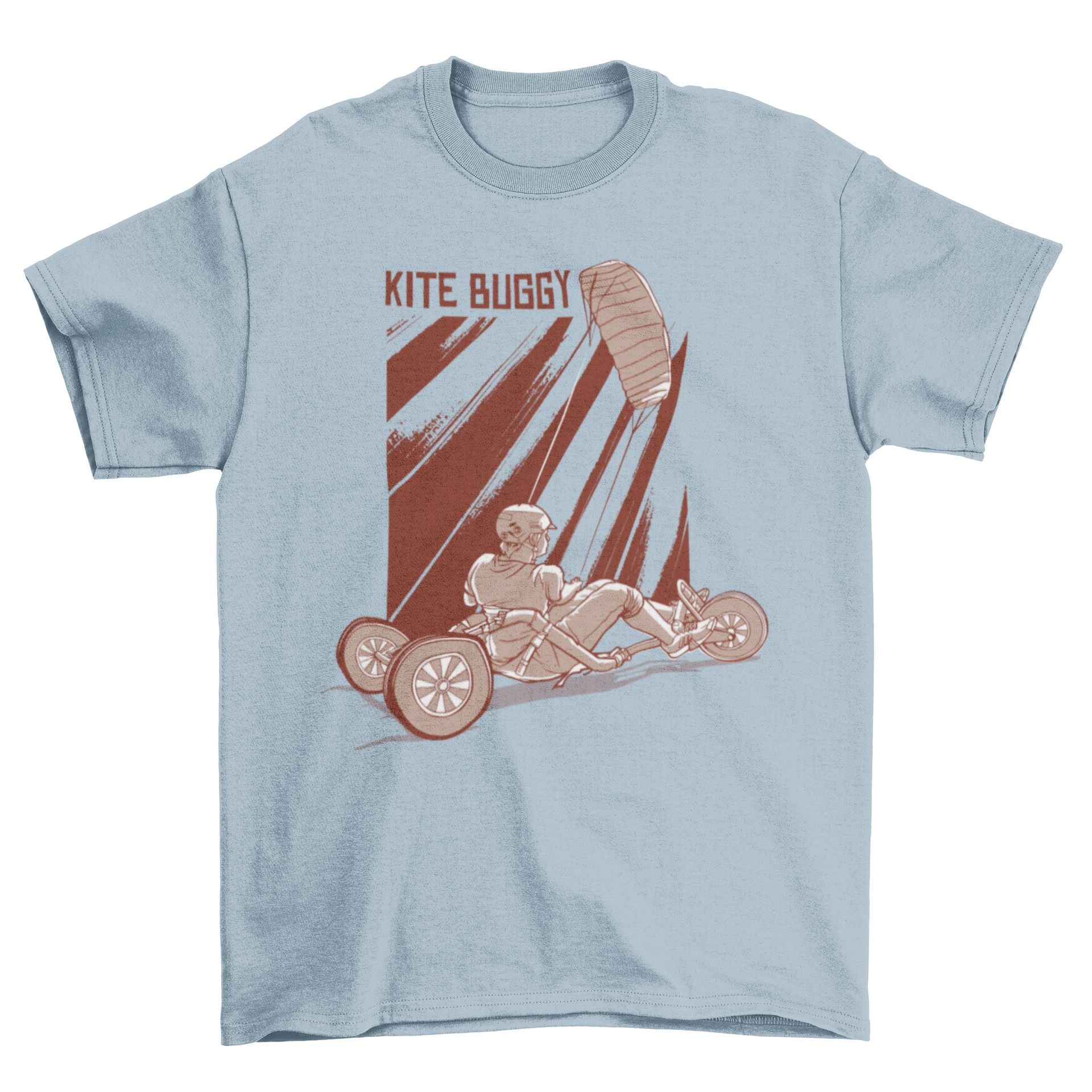 A stylish t-shirt featuring a hand-drawn illustration of a man kite buggying with the caption 'Kite Buggy'.