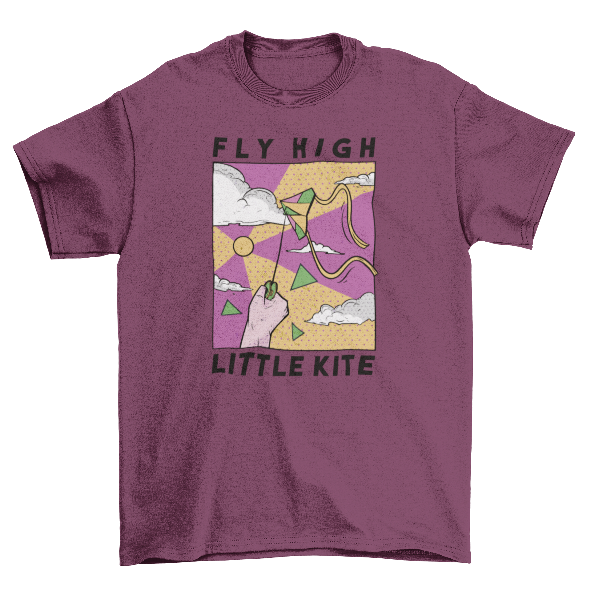 A colorful comic t-shirt featuring a hand holding a flying kite with the quote 'Fly high little kite'.