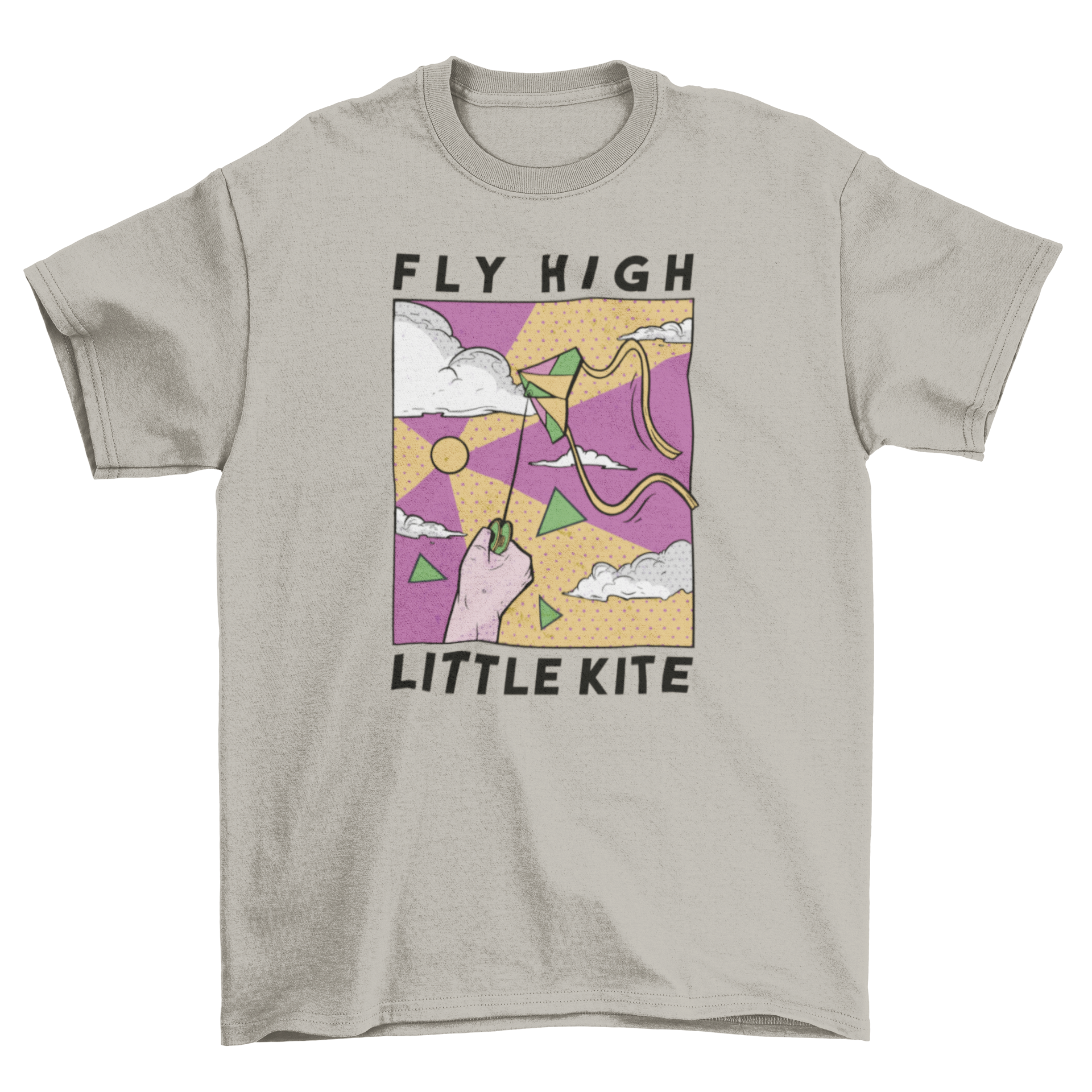 A colorful comic t-shirt featuring a hand holding a flying kite with the quote 'Fly high little kite'.