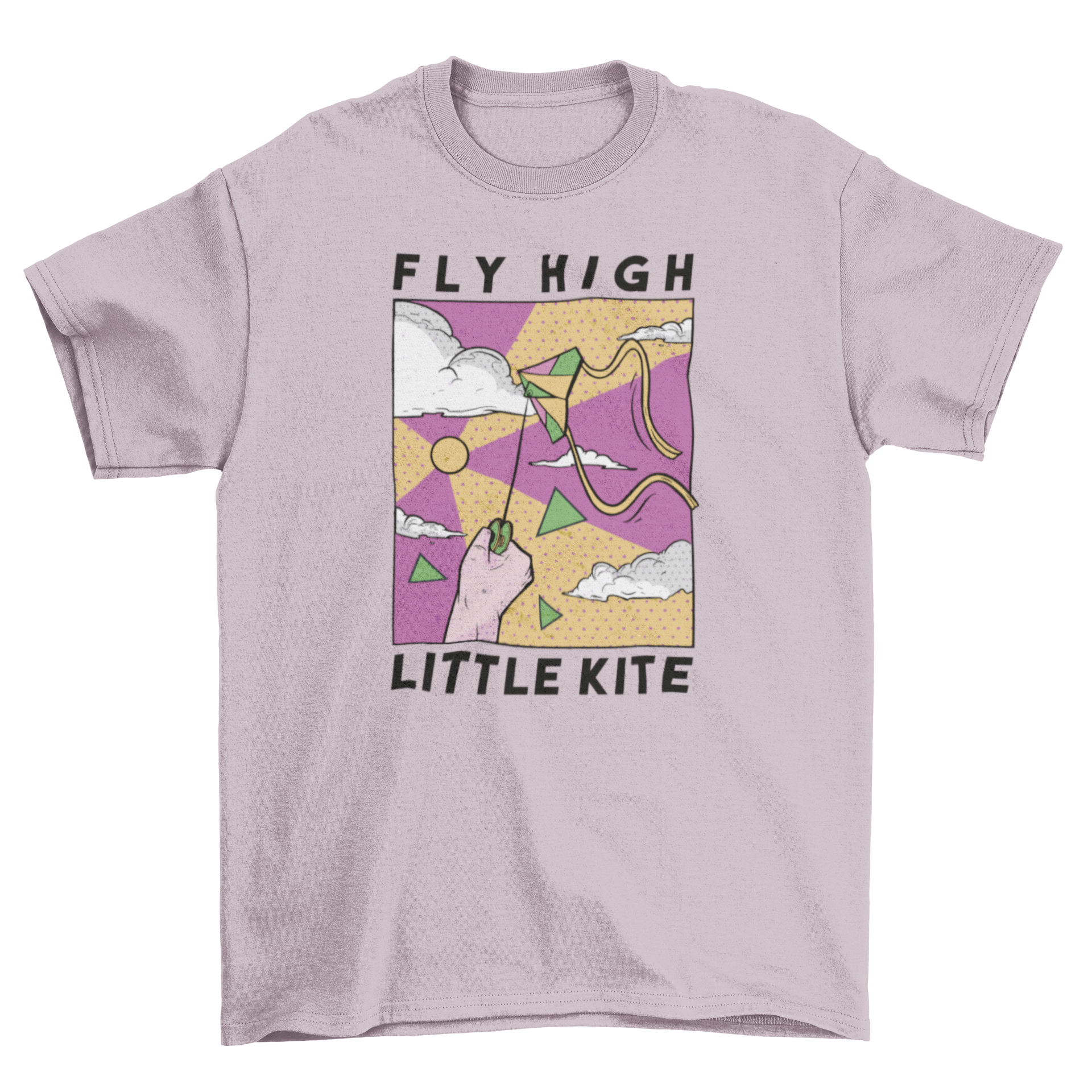 A colorful comic t-shirt featuring a hand holding a flying kite with the quote 'Fly high little kite'.