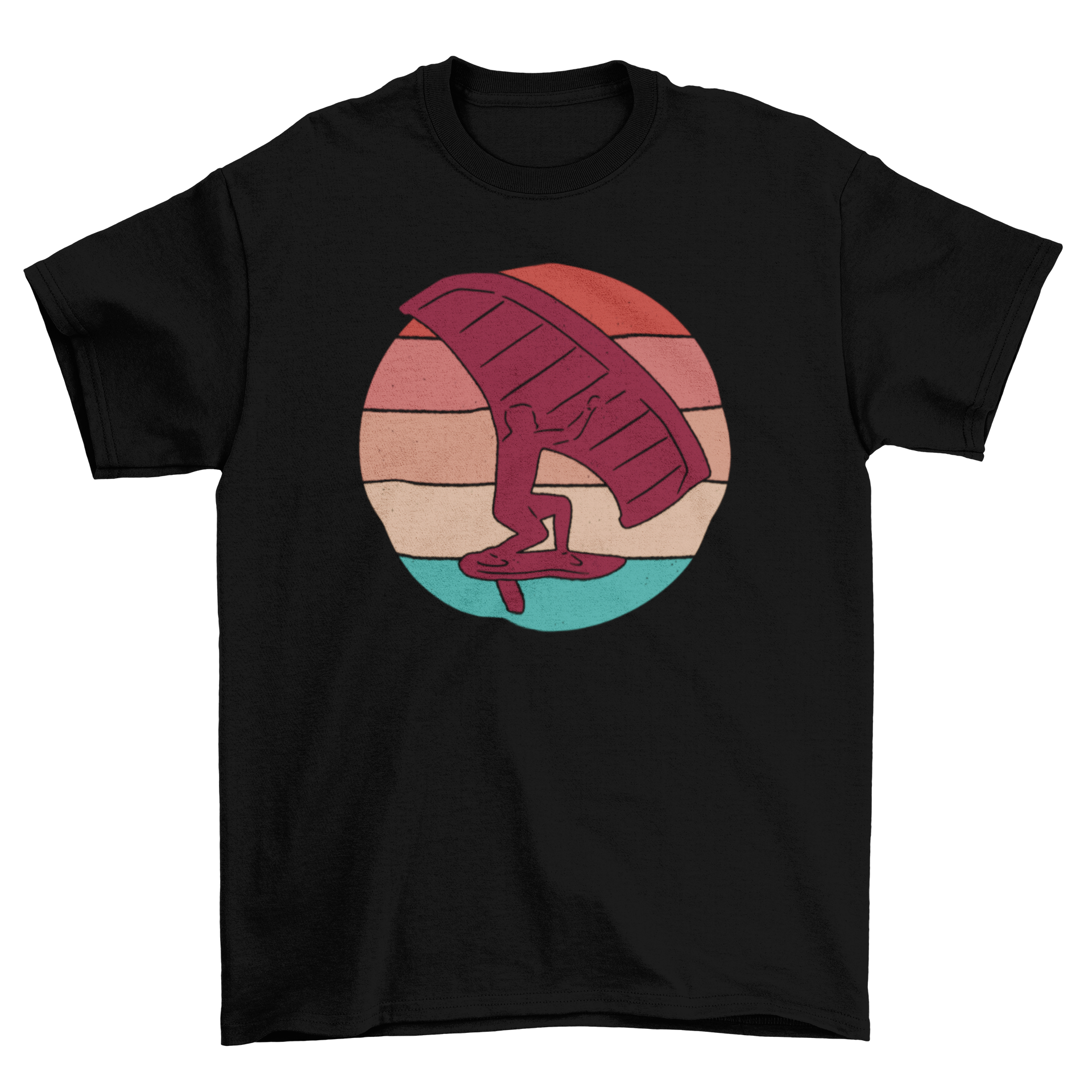 A vibrant retro sunset t-shirt featuring a kite foiling silhouette against a colorful sunset background.