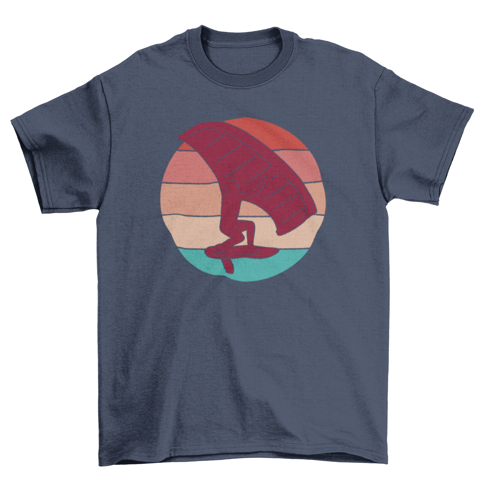 A vibrant retro sunset t-shirt featuring a kite foiling silhouette against a colorful sunset background.