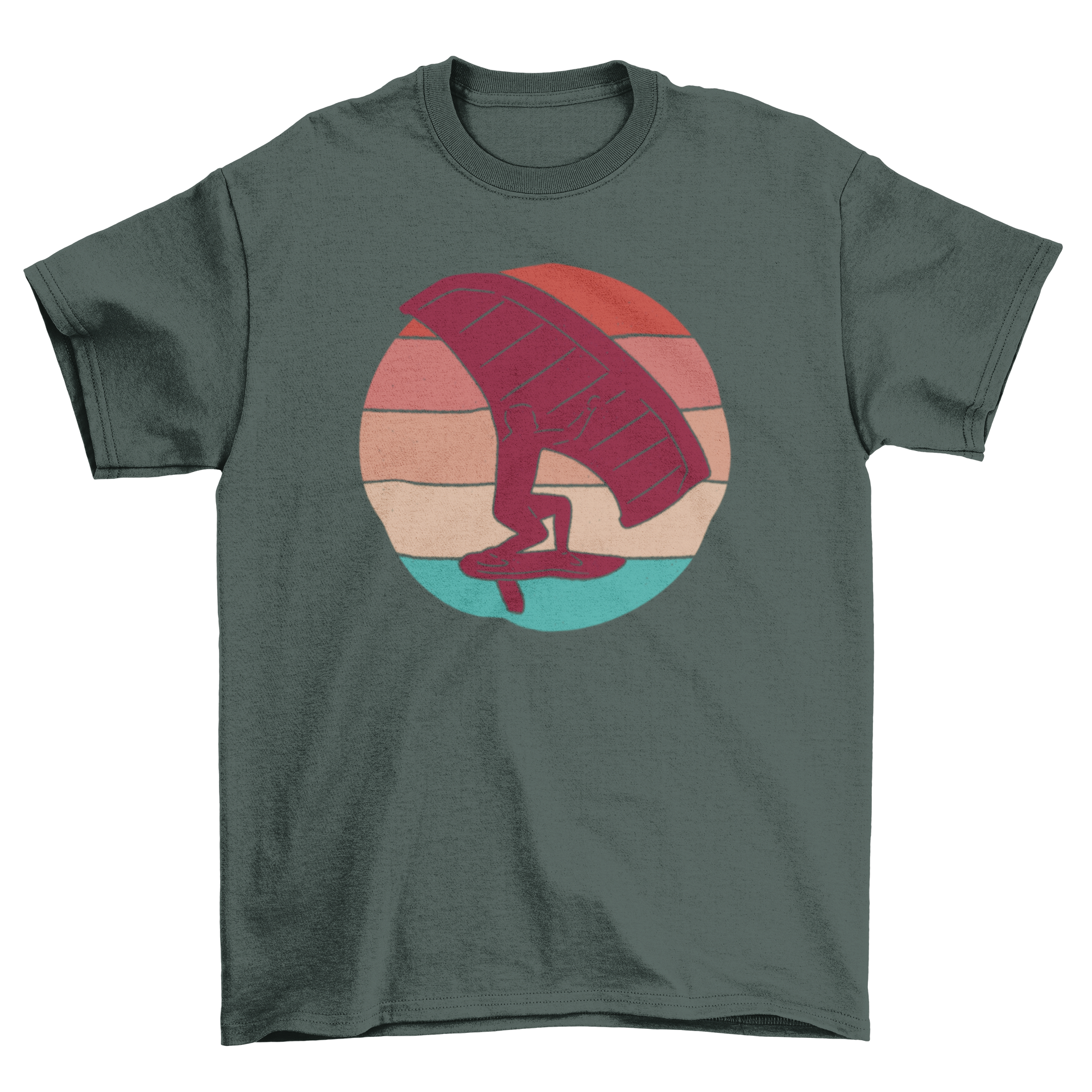 A vibrant retro sunset t-shirt featuring a kite foiling silhouette against a colorful sunset background.