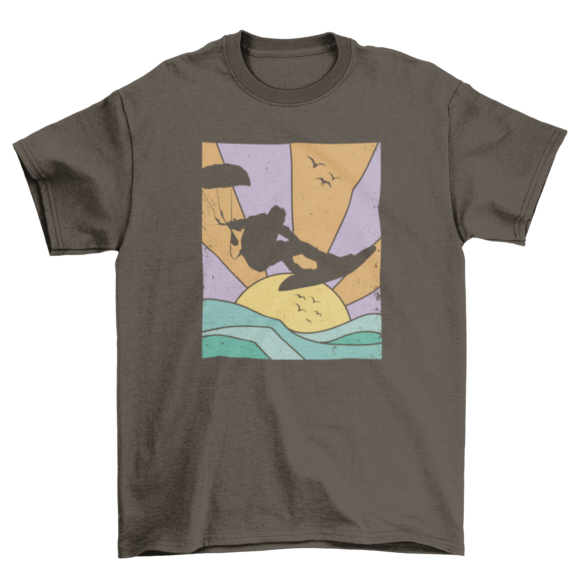 Kite surf vintage t-shirt featuring a kitesurfer silhouette against a colorful sunset background.