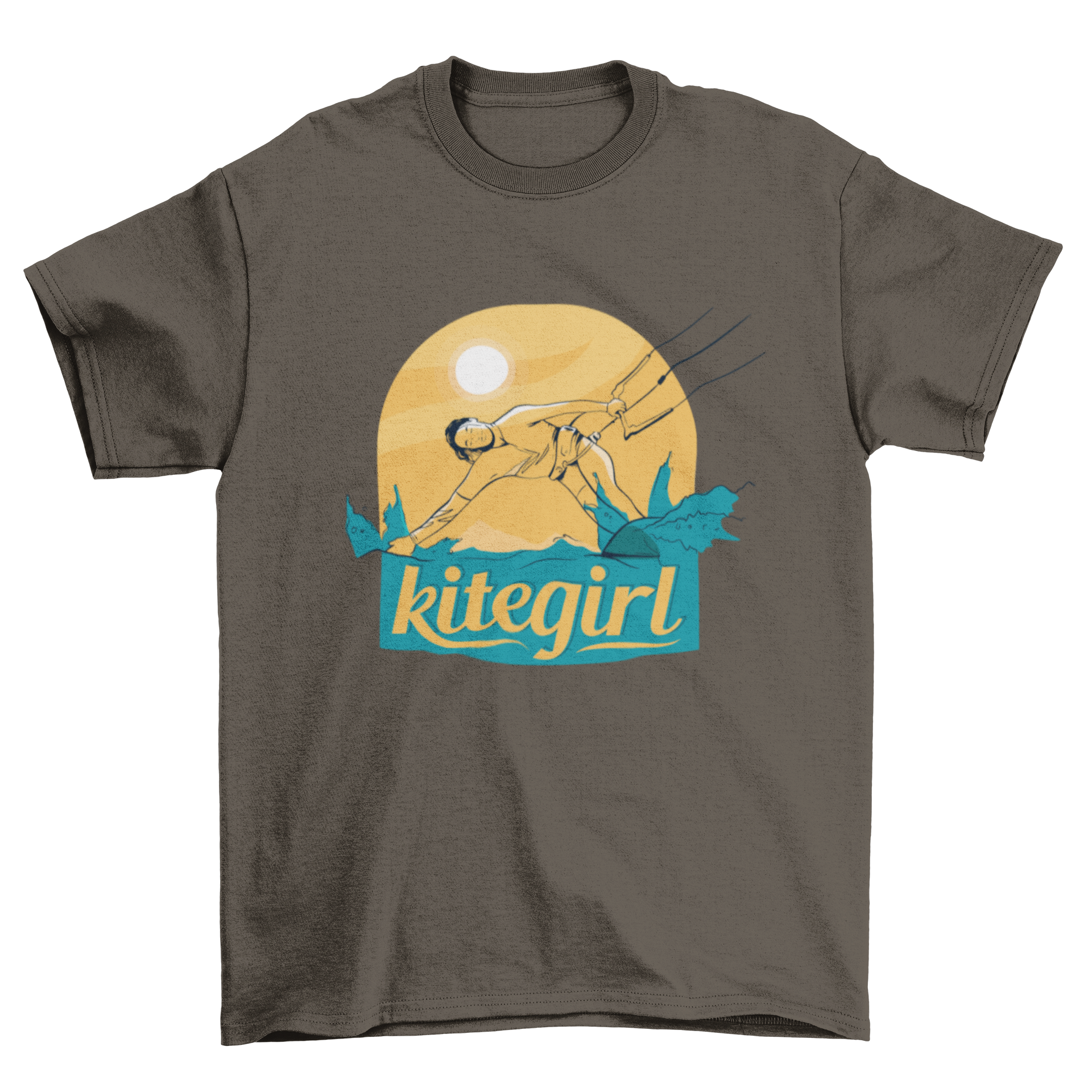 Kitegirl T-shirt design featuring a girl kitesurfing with bold text.