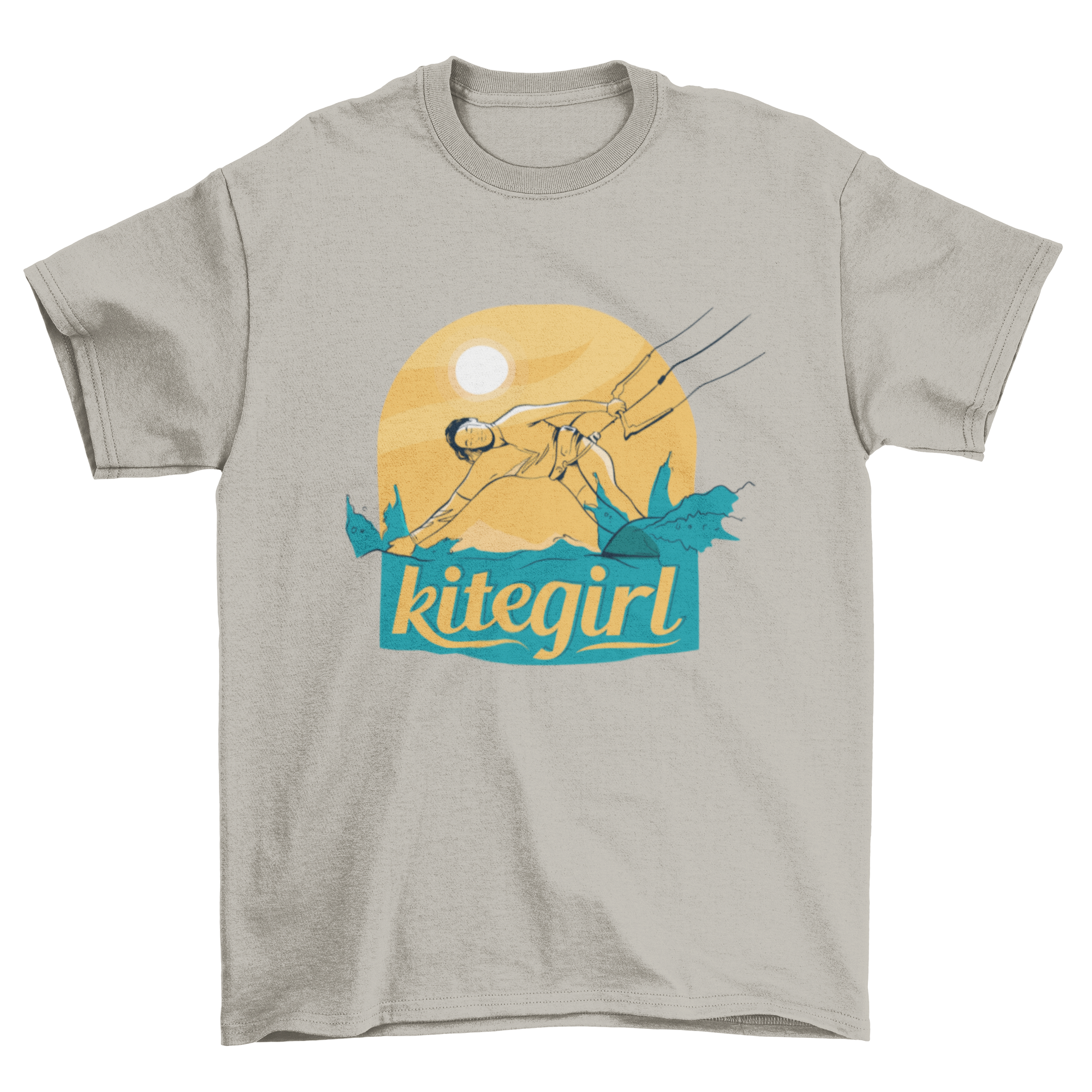 Kitegirl T-shirt design featuring a girl kitesurfing with bold text.