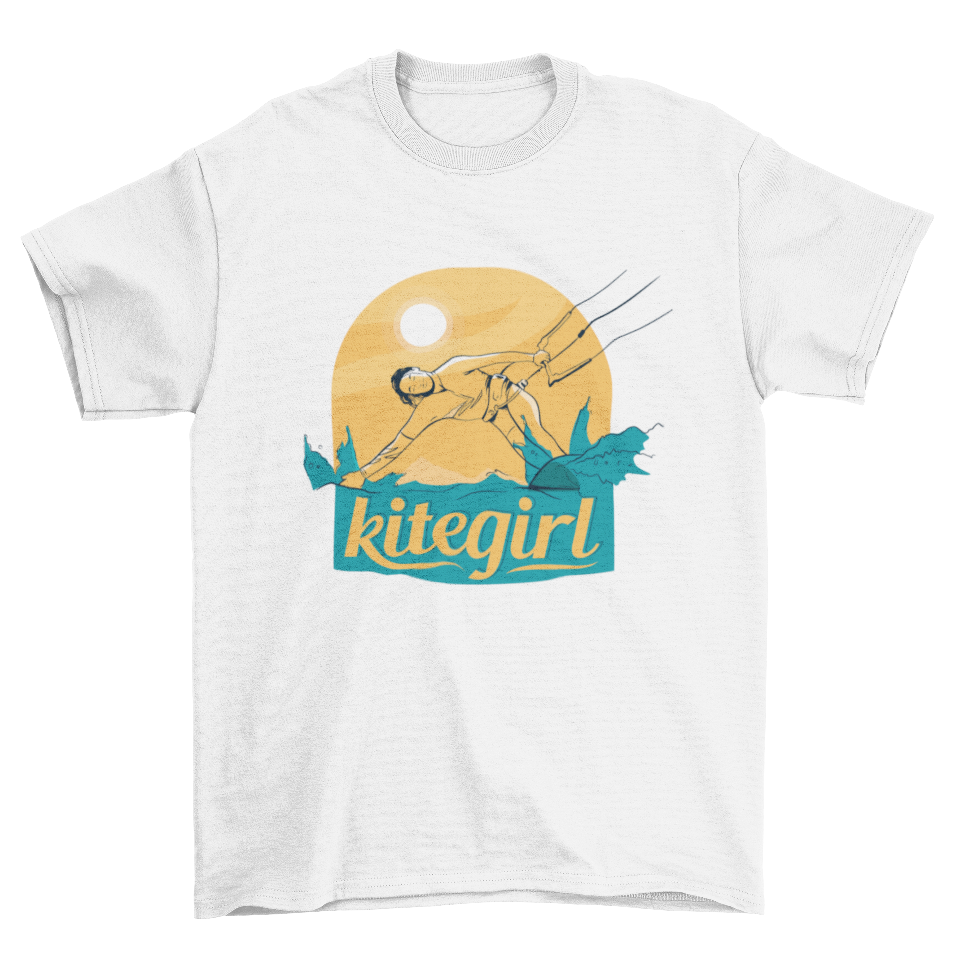 Kitegirl T-shirt design featuring a girl kitesurfing with bold text.