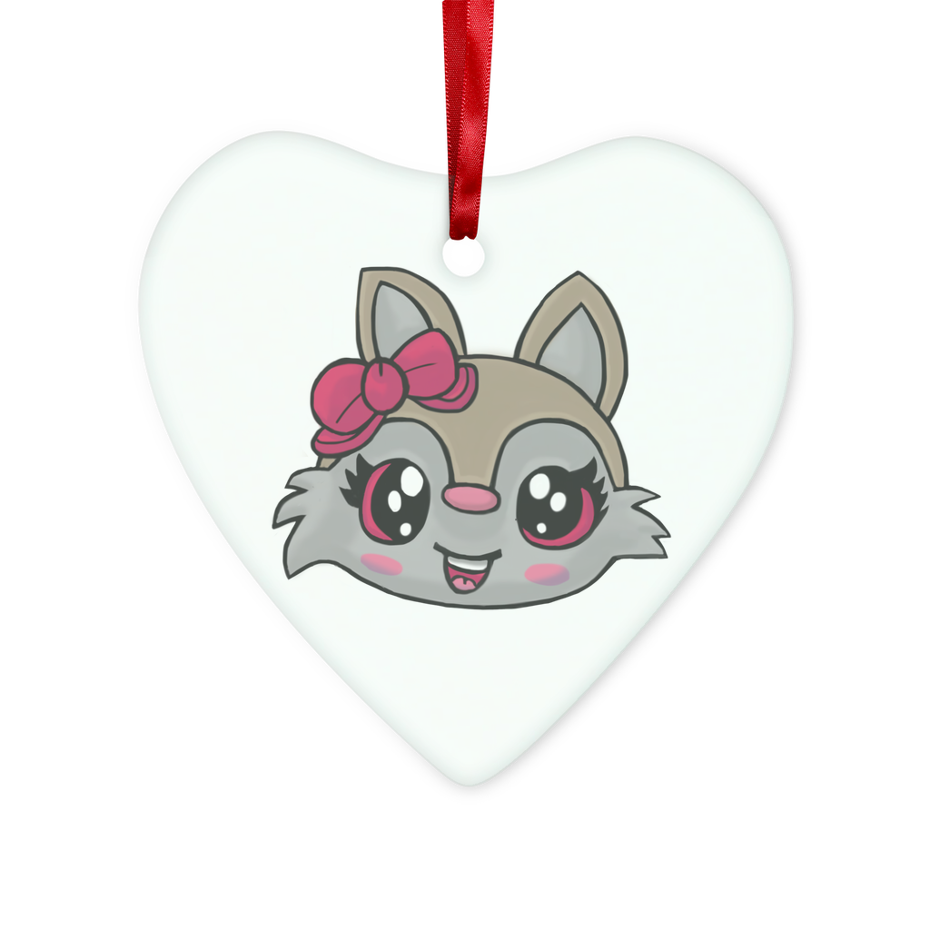 A charming Kitty Face Glass Hanging Ornament featuring a cute kitty design, available in round and heart shapes, with a red ribbon and gold string.