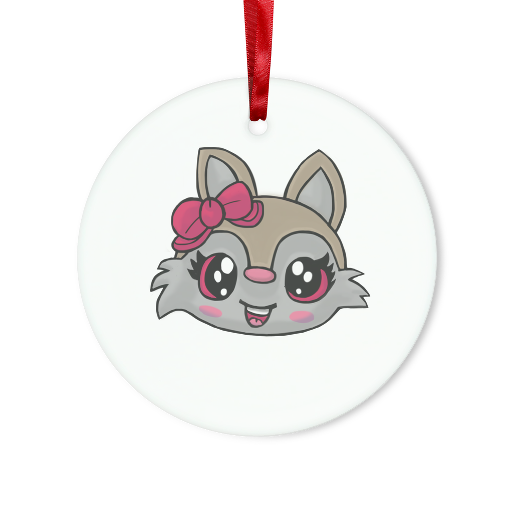 A charming Kitty Face Glass Hanging Ornament featuring a cute kitty design, available in round and heart shapes, with a red ribbon and gold string.