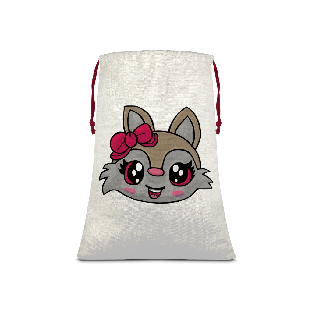 Kitty Face Sublimation Linen Drawstring Sack with red drawstring, featuring a cute kitty design, perfect for Christmas gifts and laundry.