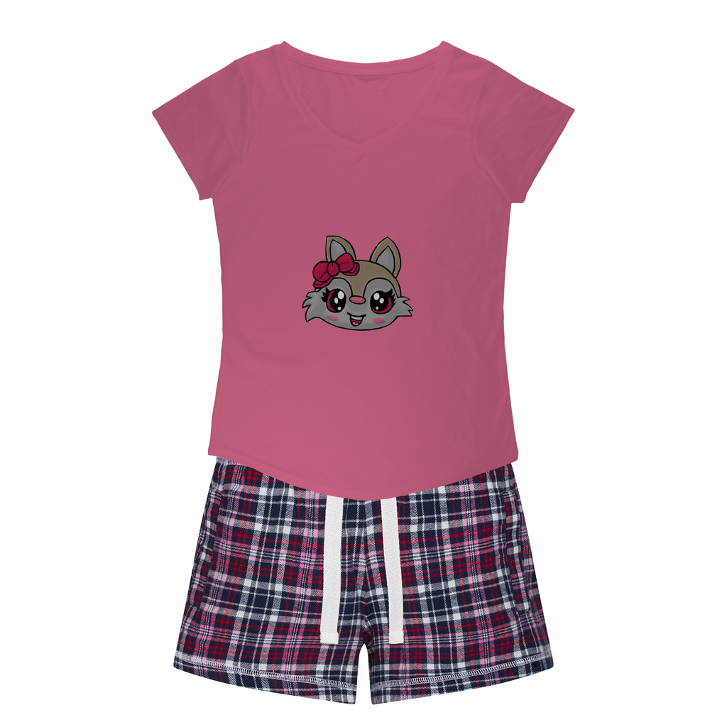 Kitty Face Women's Sleepy Tee and Flannel Short set featuring a relaxed fit T-shirt and colorful flannel shorts, perfect for cozy nights.