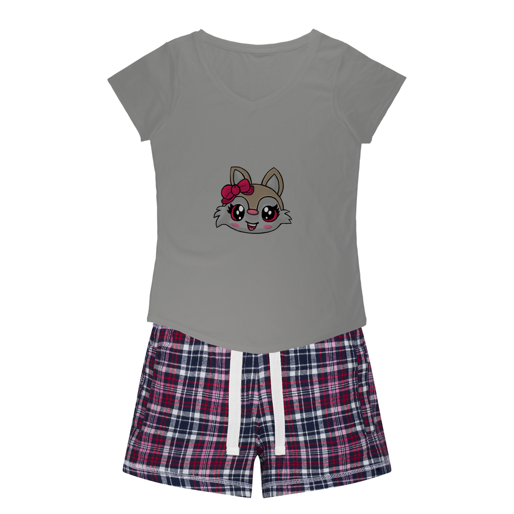 Kitty Face Women's Sleepy Tee and Flannel Short set featuring a relaxed fit T-shirt and colorful flannel shorts, perfect for cozy nights.