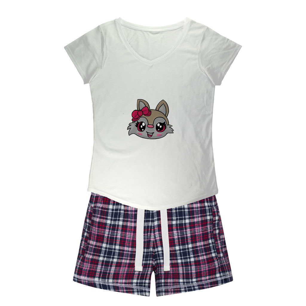 Kitty Face Women's Sleepy Tee and Flannel Short set featuring a relaxed fit T-shirt and colorful flannel shorts, perfect for cozy nights.